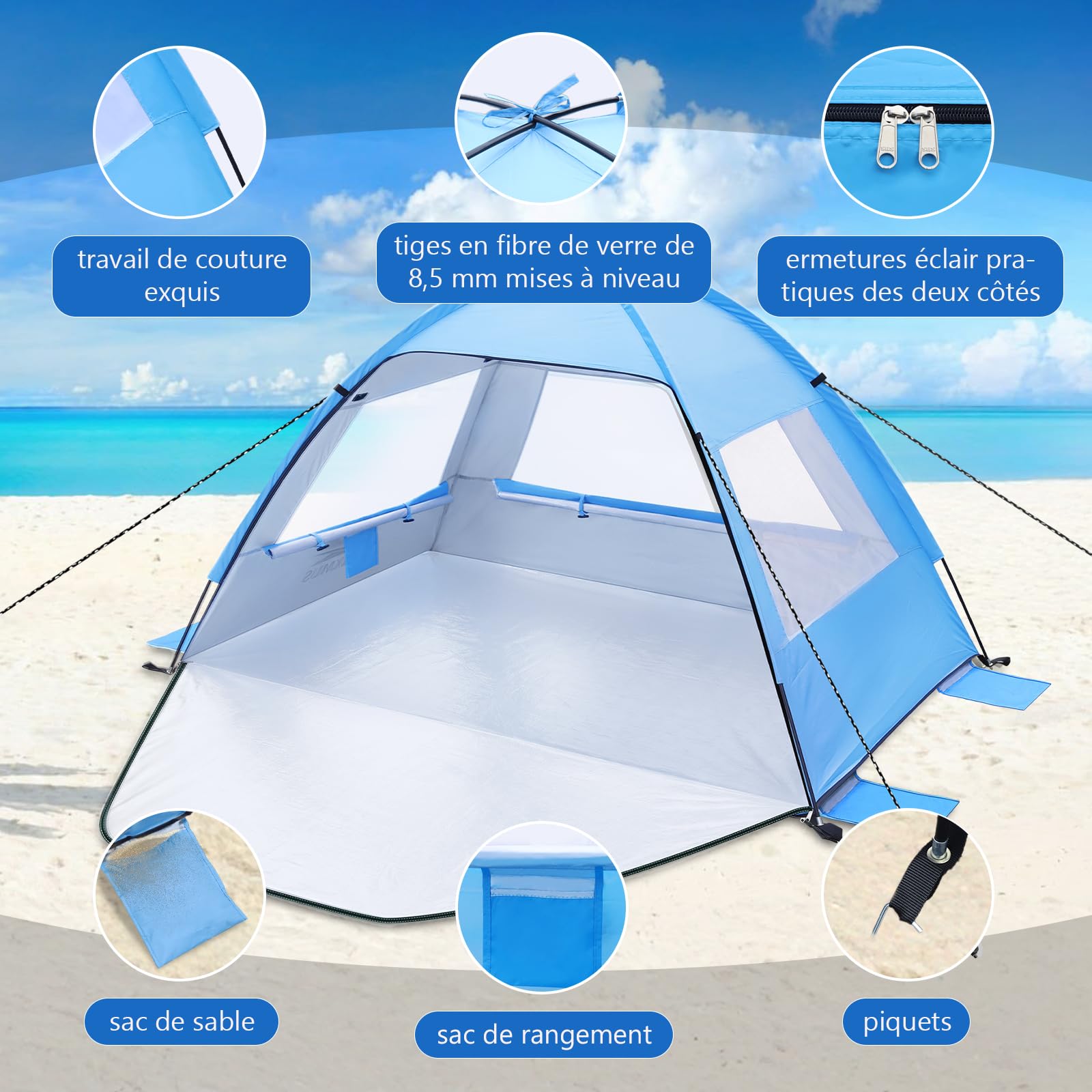 Tente de Plage Anti-UV 50+ Portable pour Bébé et Adulte - Abri de Plage Coupe-Vent (Bleu Lac, 185x120x110cm)