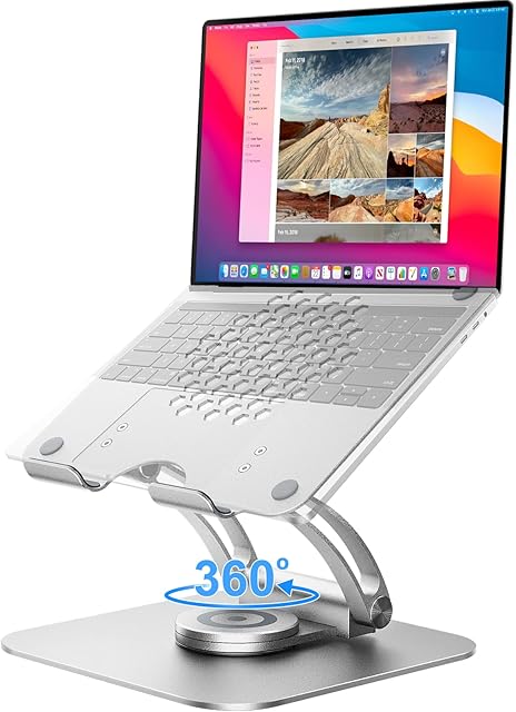 Tounee Adjustable Laptop Stand for Desk, Ergonomic Laptop Holder with 360° Rotating Base, Portable Aluminum Computer Stand Laptop Riser Compatible with MacBook, Air, Pro, All Laptop 10-16"-Silver