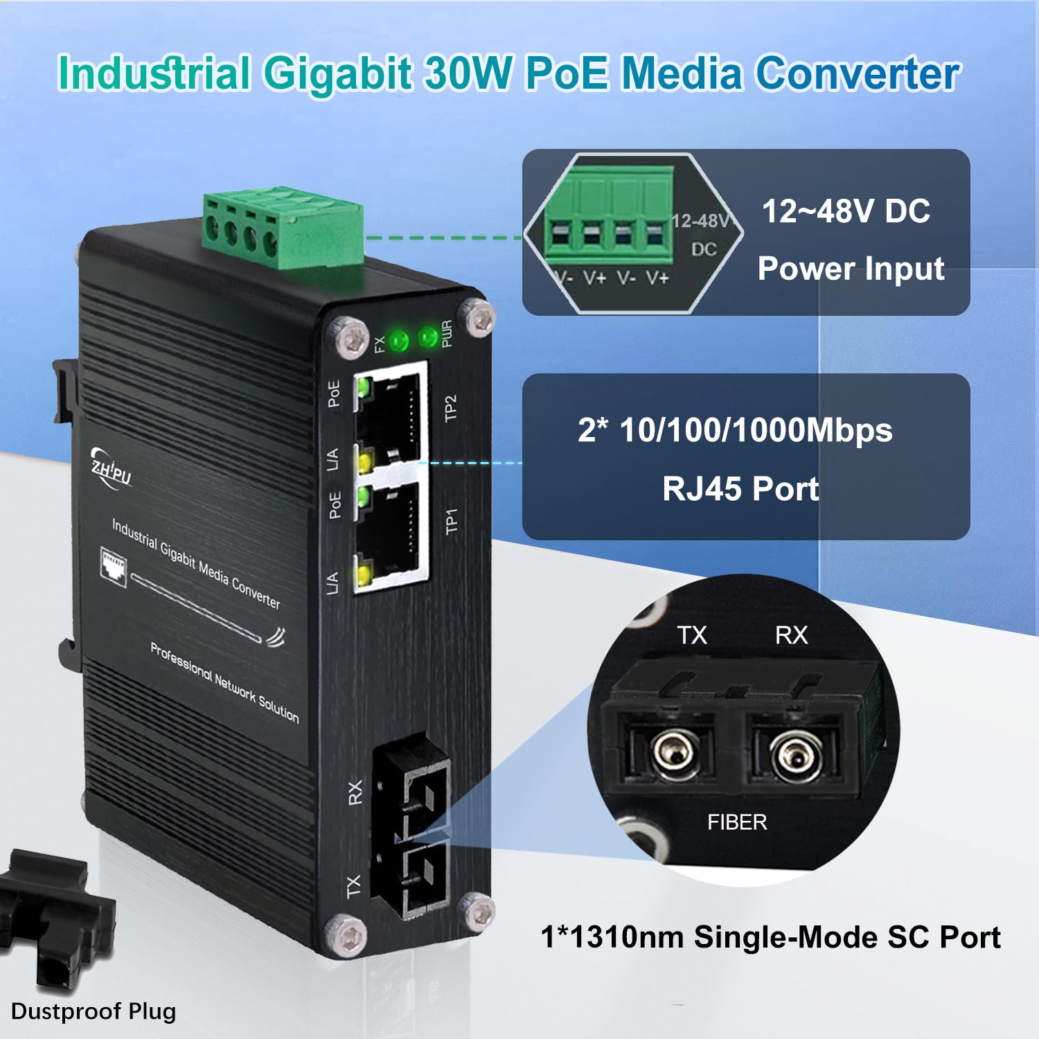 Convertisseur de média industriel 1,25 G Gigabit SC vers Ethernet prenant en charge le rail DIN, commutateur de fibre IEEE 802.3af/at 30 W PoE avec 2 ports RJ45 et 1 port SC monomode, jusqu'à 20 km,