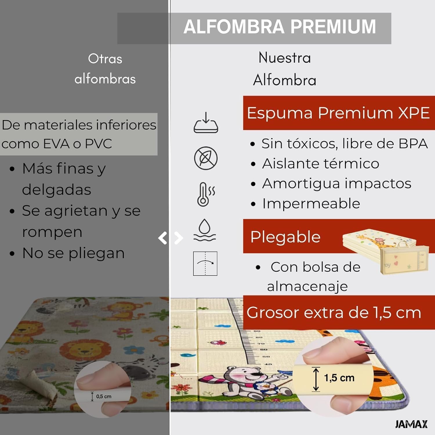 JAMAX Parque Infantil Bebe 150x180 | Corralito bebe | Parque bebe Alfombra Acolchada Reversible 1,5 cm de Grosor + 6 Pelotas Sensoriales +Libro Sensorial+ Bolsa transporte (150x180)