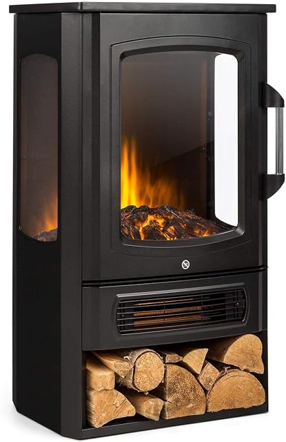 Klarstein Electric Fireplace, Electric Log Burner Indoor, 2000W Electric Fire Free Standing Flame Electric Fire Place with LED Flame Effect, Fake Fireplace, Remote Control, Adjustable Thermostat Timer