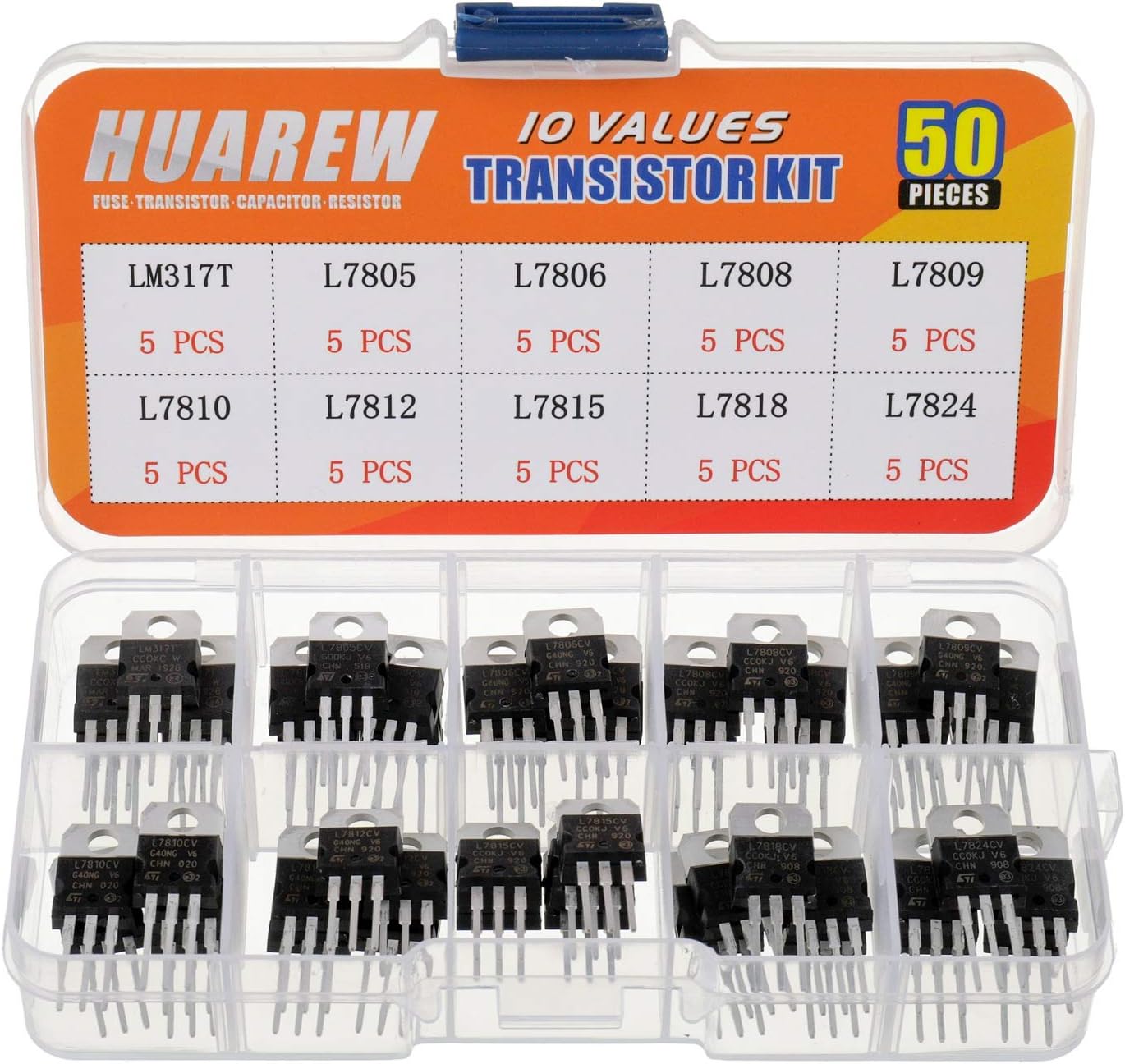 10 Values 50 Pcs Positive Fixed Voltage Regulator LM317T L7805 L7806 L7808 L7809 L7810 L7812 L7815 L7818 L7824 TO-220 Package IC Assortment Kit
