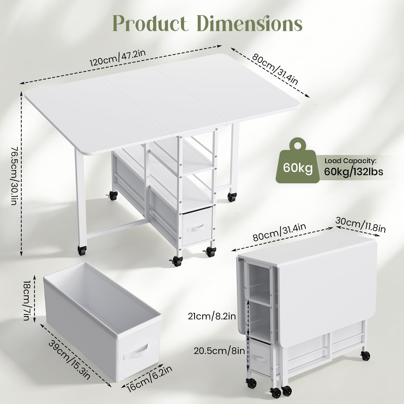 Tavolo da pranzo pieghevole bianco 6 ruote 2 cassetti per spazi piccoli | 4 ripiani con bordo protezione, ruote con freno, carico 60kg, struttura legno-metallo stabile, 3 modalità d'uso