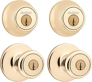 Kwikset 242 Tylo Entry Knob and Single Cylinder Deadbolt Project Pack in Polished Brass