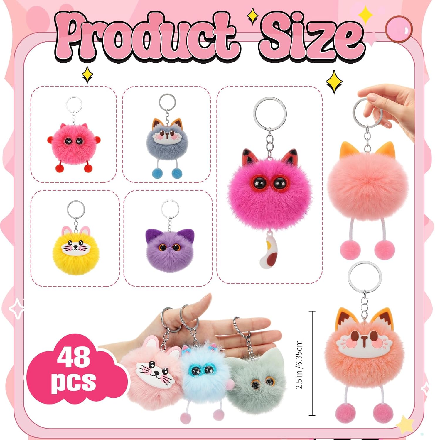 Equsion 48 Pcs Kawaii Keychains Bulk Cute Plush Keychains Fluffy Pompoms Balls with Tassels and Keyrings Key Chain Kawaii Party Favors for Birthday Goodie Bags Piñata Prizes (Cat)