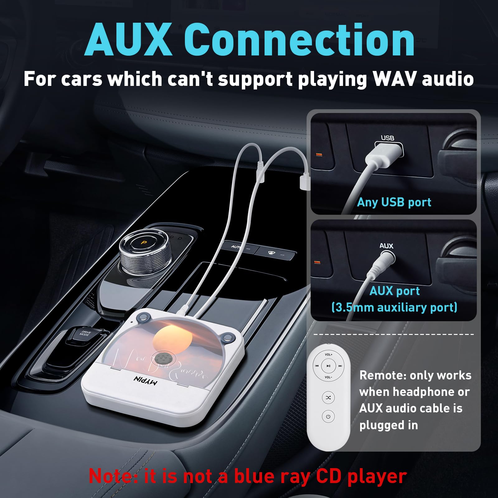 Lecteur CD Portable avec Port USB/AUX, Lecteur CD Externe Compatible avec Autoradio, Ordinateur Portable, Téléviseur, Ordinateur, Universel pour Véhicules, Prend en Charge CD/CD-MP3