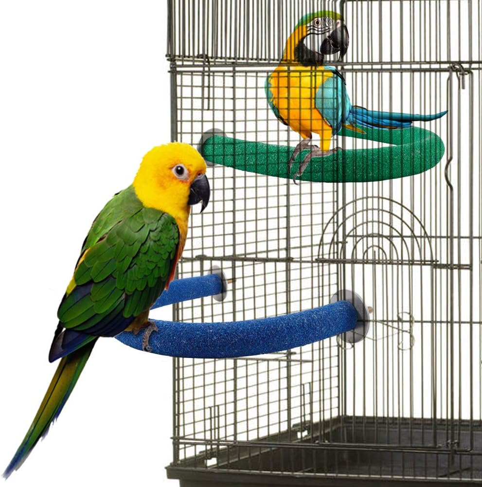 Jusney Bird Perch， Rough-surfaced Wooden Parrot Perch for Bird cage Perch Stand (U Shape-Green+Blue) [2 Pack]