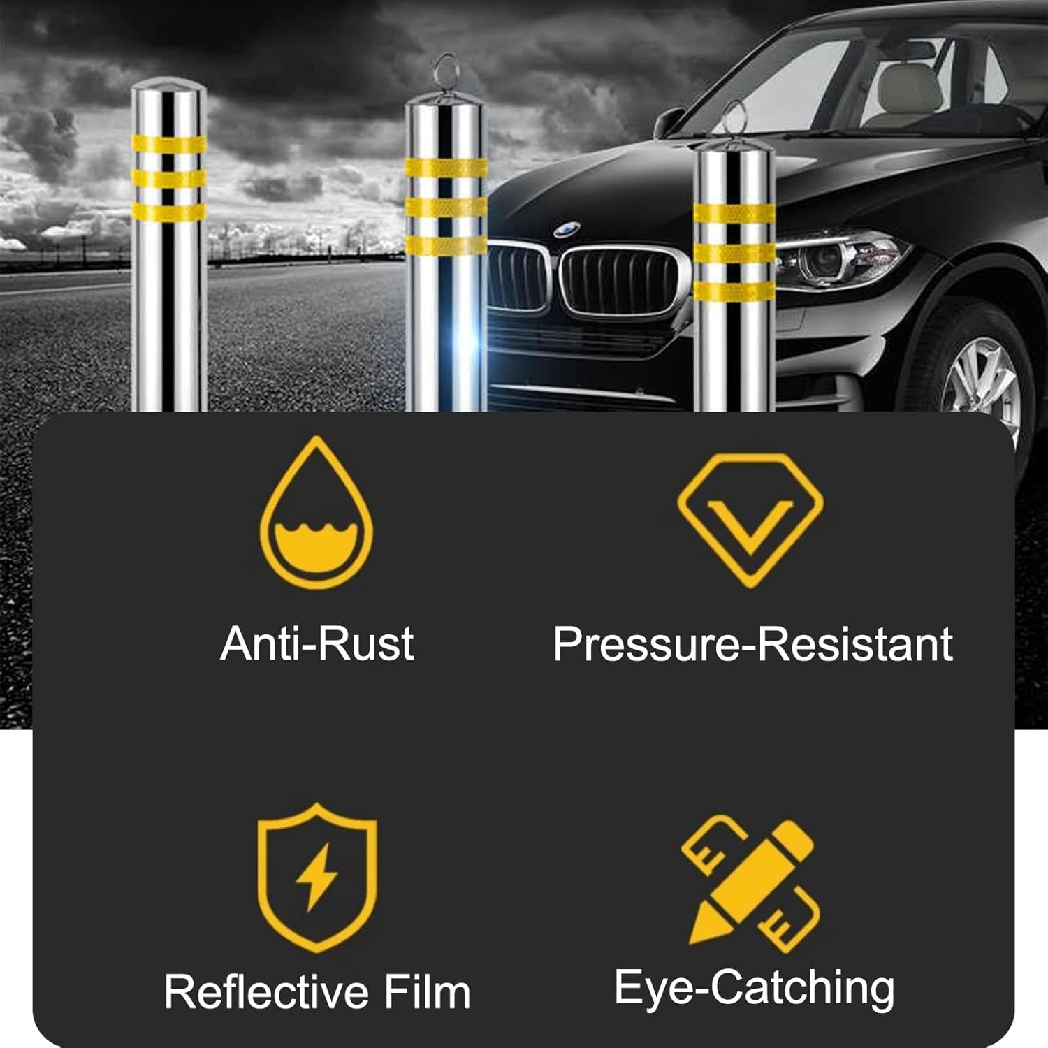 Borne de signalisation jaune haute visibilité en acier - Barrière de stationnement avec bande réfléchissante et anneau de suspension pour la sécurité des allées et la gestion de la circulati