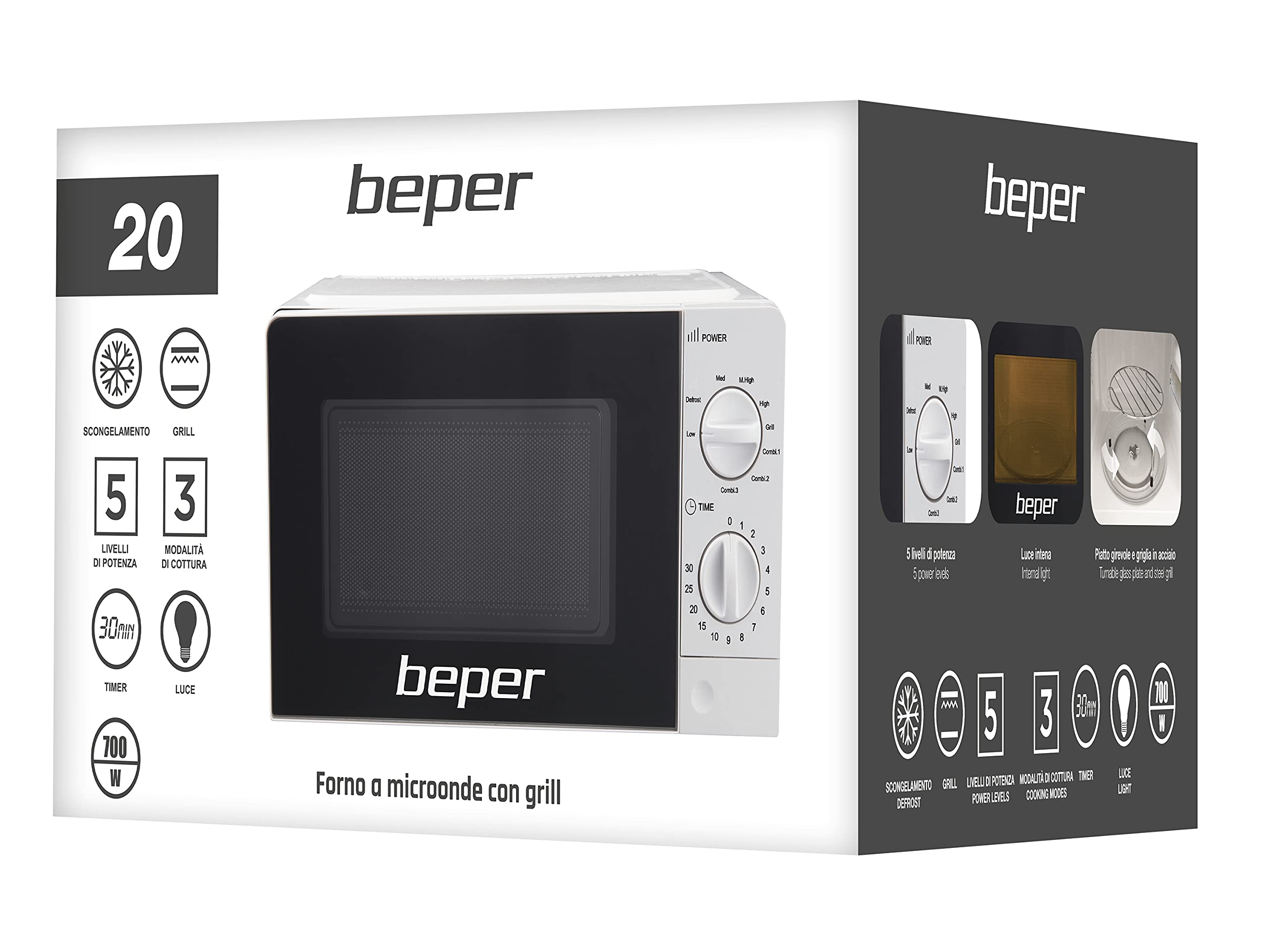 BEPER P101FOR001 Forno Microonde 20 Litri - Microonde Piccolo con Timer, Gill e 5 Livelli di Potenza