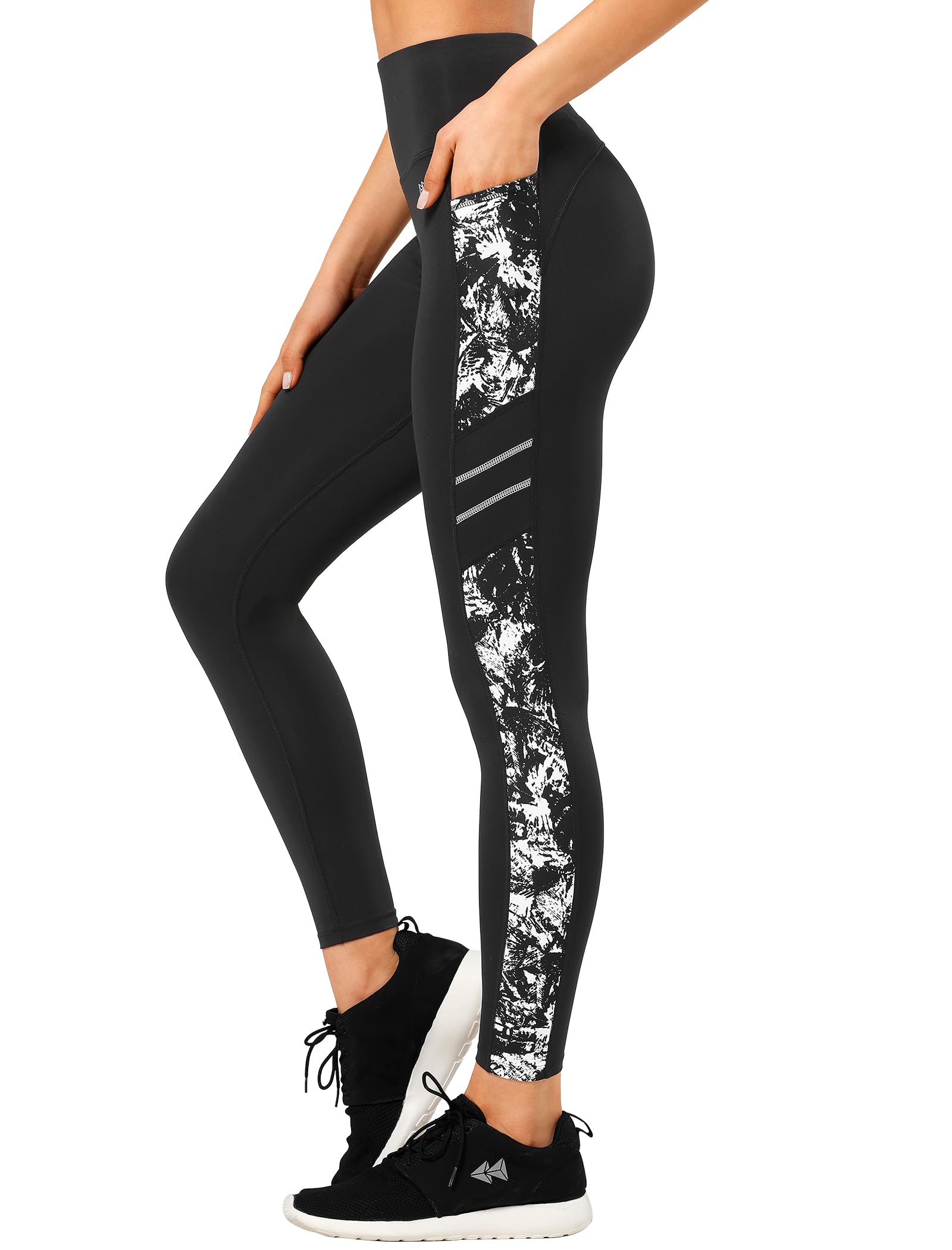 Yvette Stampato, leggings sportivi da donna con tasche, a vita alta, opachi, per palestra