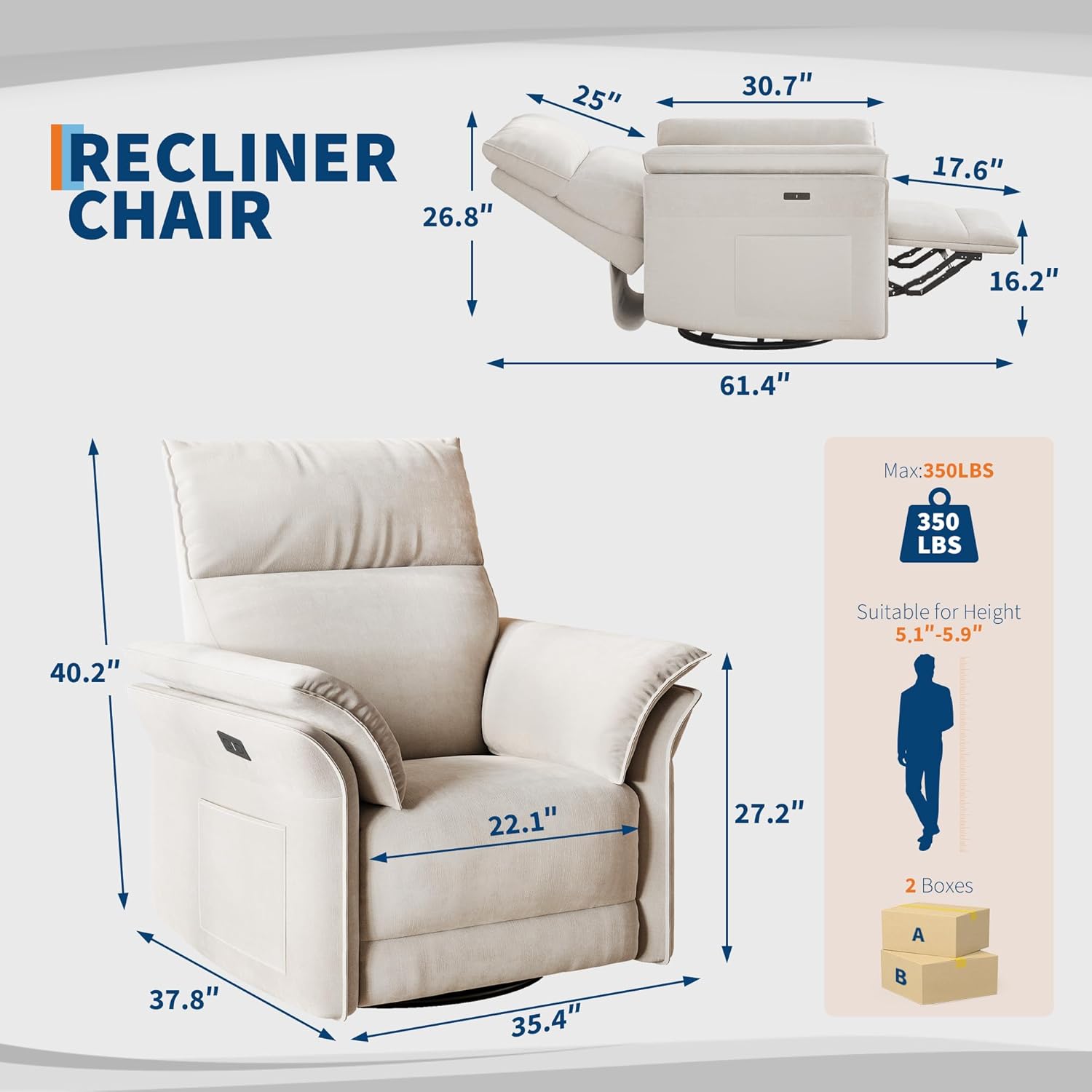 Diagram showing detailed dimensions of the GarveeHome Power Recliner Chair