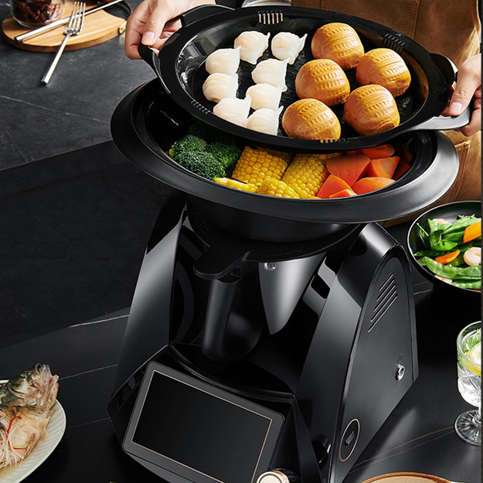 Inteligentny robot kuchenny, robot do smażenia warzyw i mięsa, 7-calowy ekran dotykowy TFT z przepisami online, regulacja temperatury 37–160 ℃, wielofunkcyjna automatyczna maszyna do gotowania black