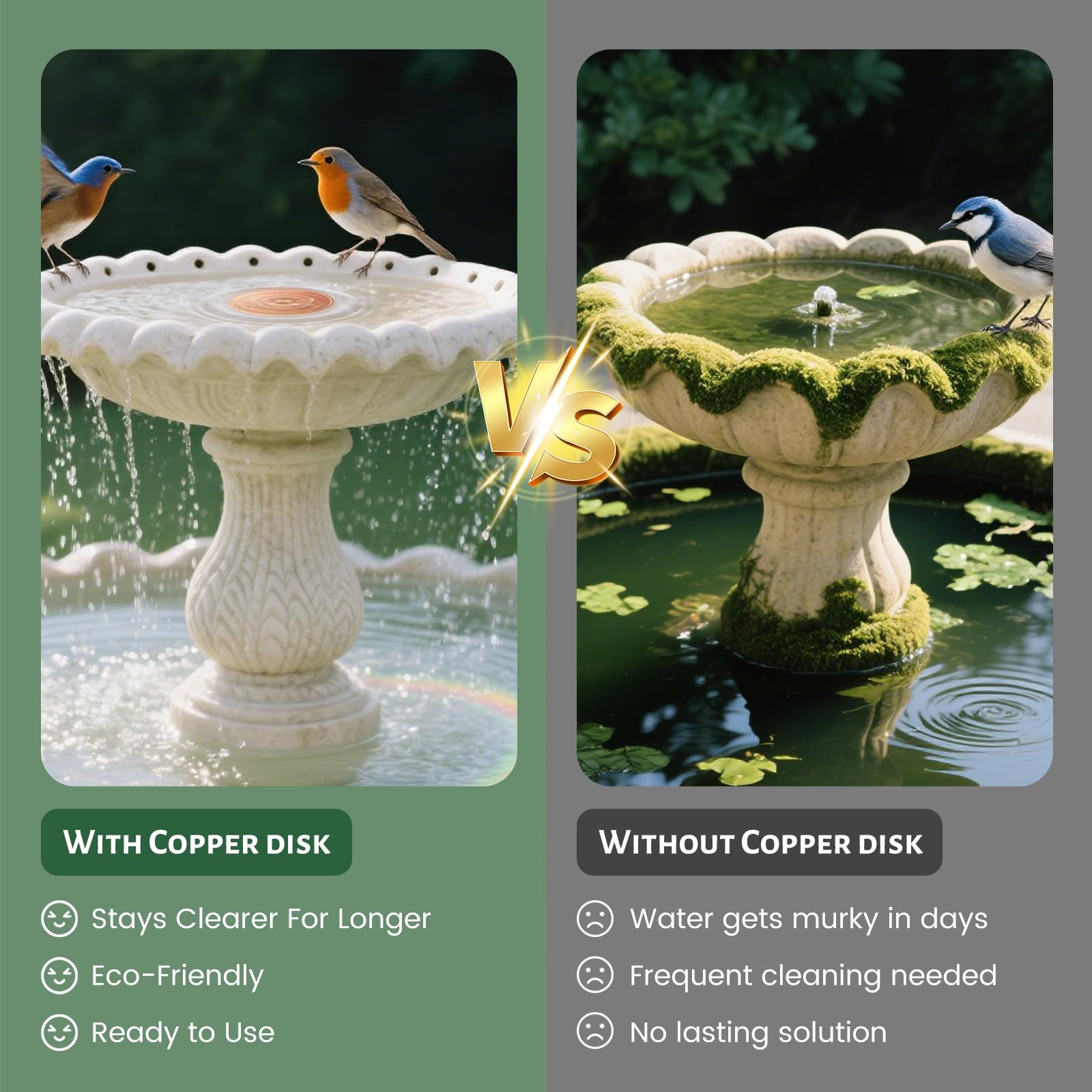 maiwoste Bird Bath Copper Disk – 4 Inch 0.6mm Thick 99.9% Pure Copper with Triple-Point Support Design, Universal Fit for Outdoor Bird Baths