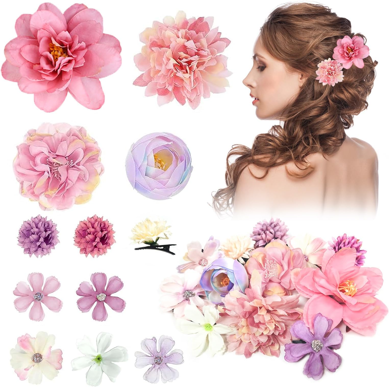Harewu 12Pcs Silk Flower Hair Decorations,Roses Flower Headdress,Bridal Wedding Corsage and Headdress,Beach Party Hair Accessories (Pink and Purple)