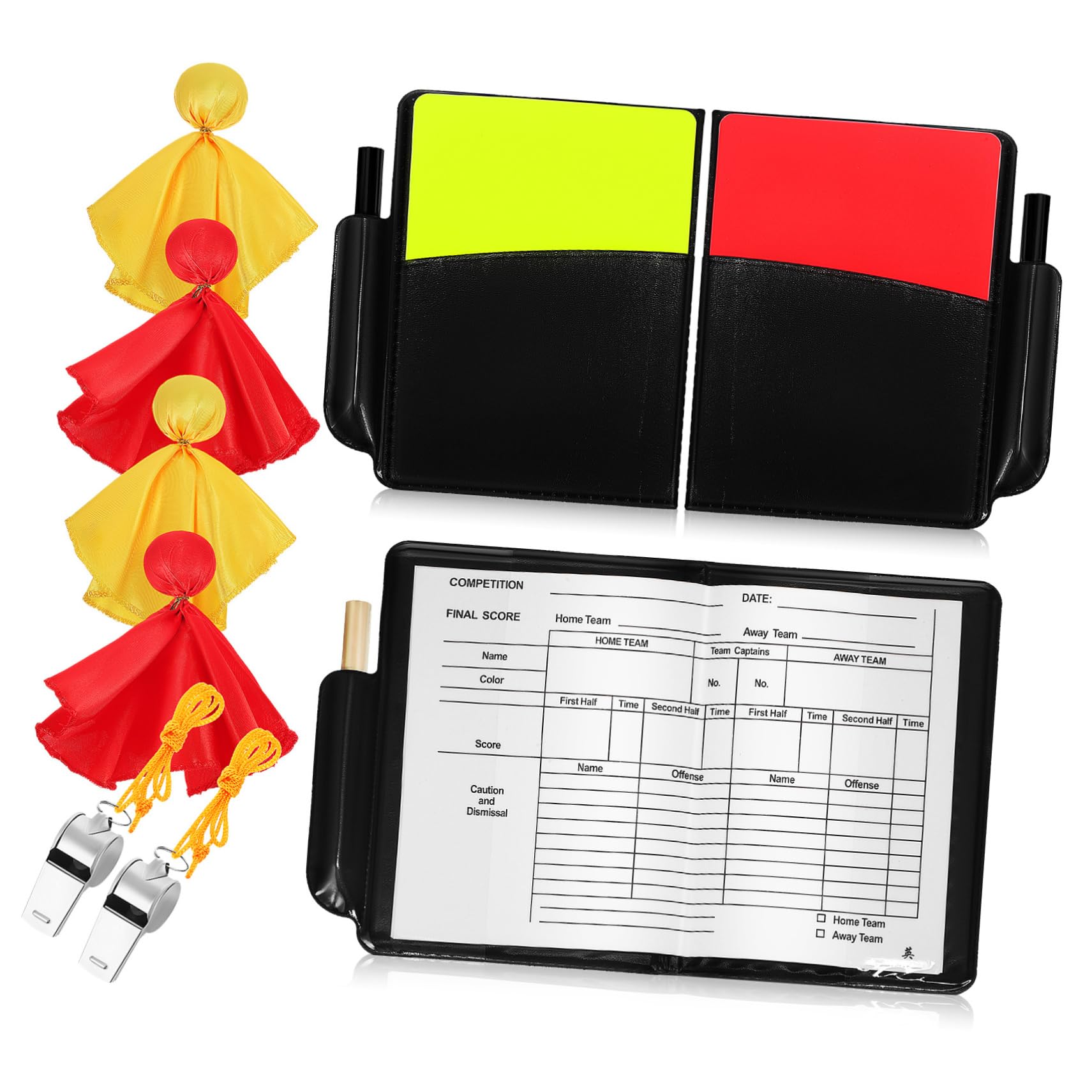 UKCOCO 2 Set Calcio con Cartellini e Gialla Bandierine e Fischietti per Partite Kit e Suono Resistente e Versatile