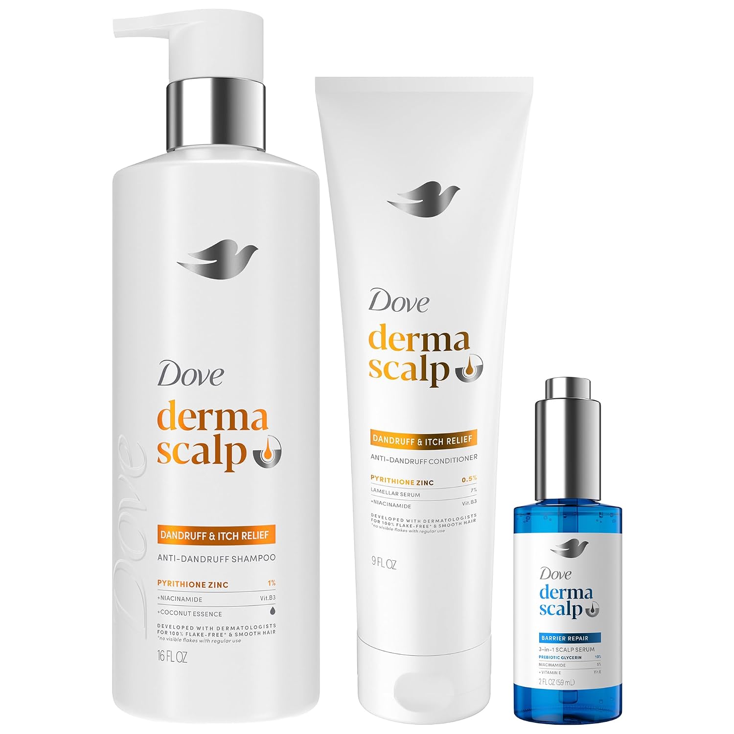 Dove Derma Scalp Anti-Dandruff Shampoo, Conditioner + 3-in-1 Scalp Serum – Dandruff & Itch Relief Treatment with 1% Pyrithione Zinc, Niacinamide