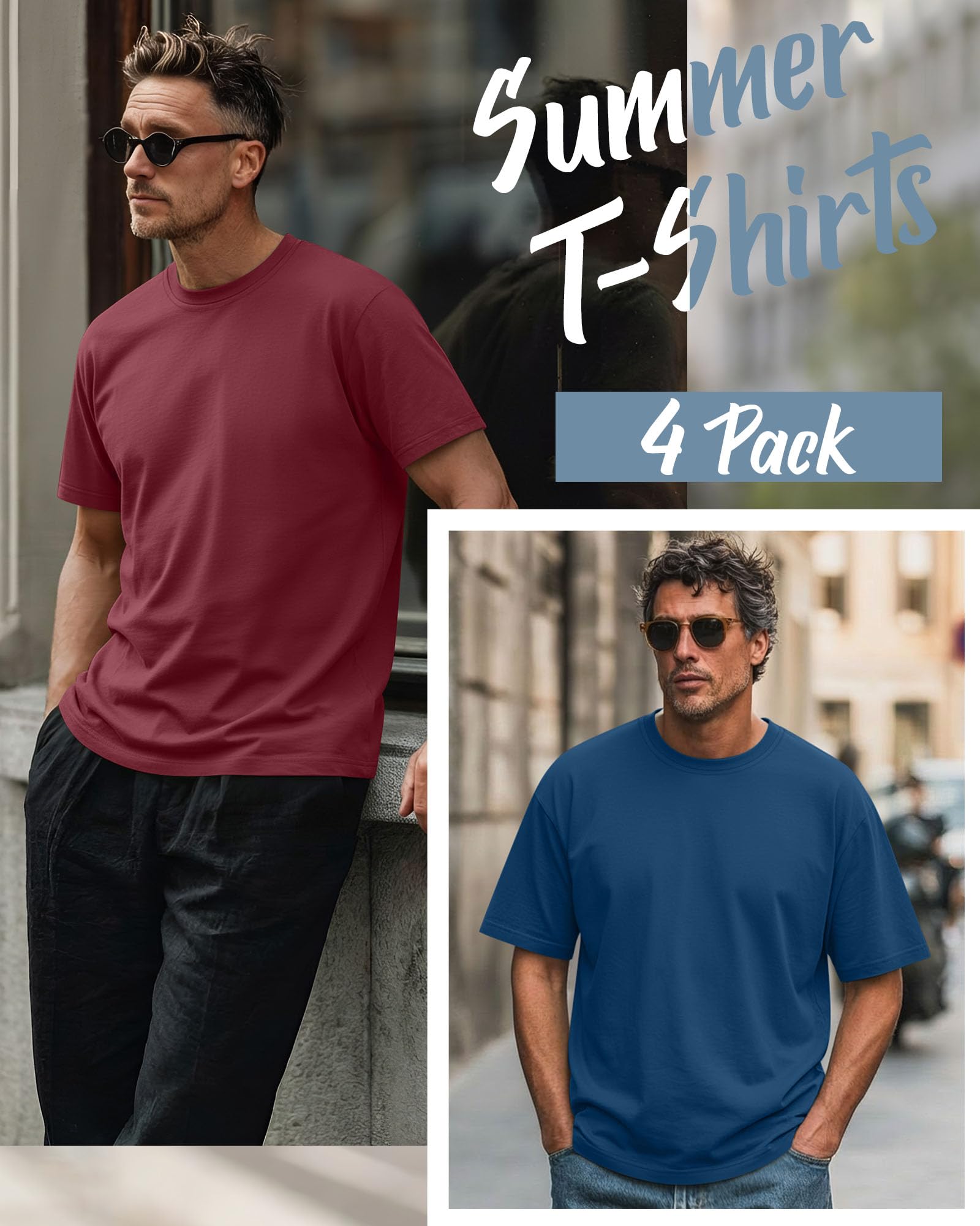 Neer Pack de 4 T-Shirts Homme Grandes Tailles Coton d'Été, Manches Courtes, Col Rond, Haut Décontracté Oversize Basic