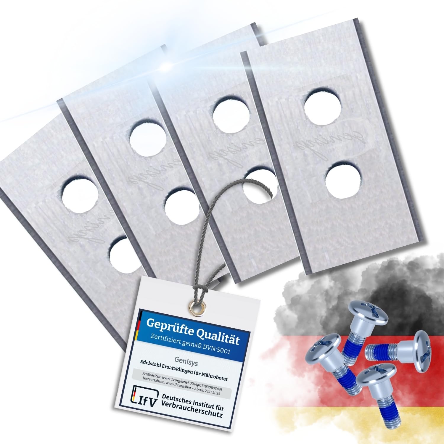 Genisys Cuchilla de Recambio Compatible con MAMMOTION LUBA y Compatible con YUKA Robots cortacésped - Doble Orificio - LongLife - irrompible [DIN EN 50636 Tested], Pieza:48