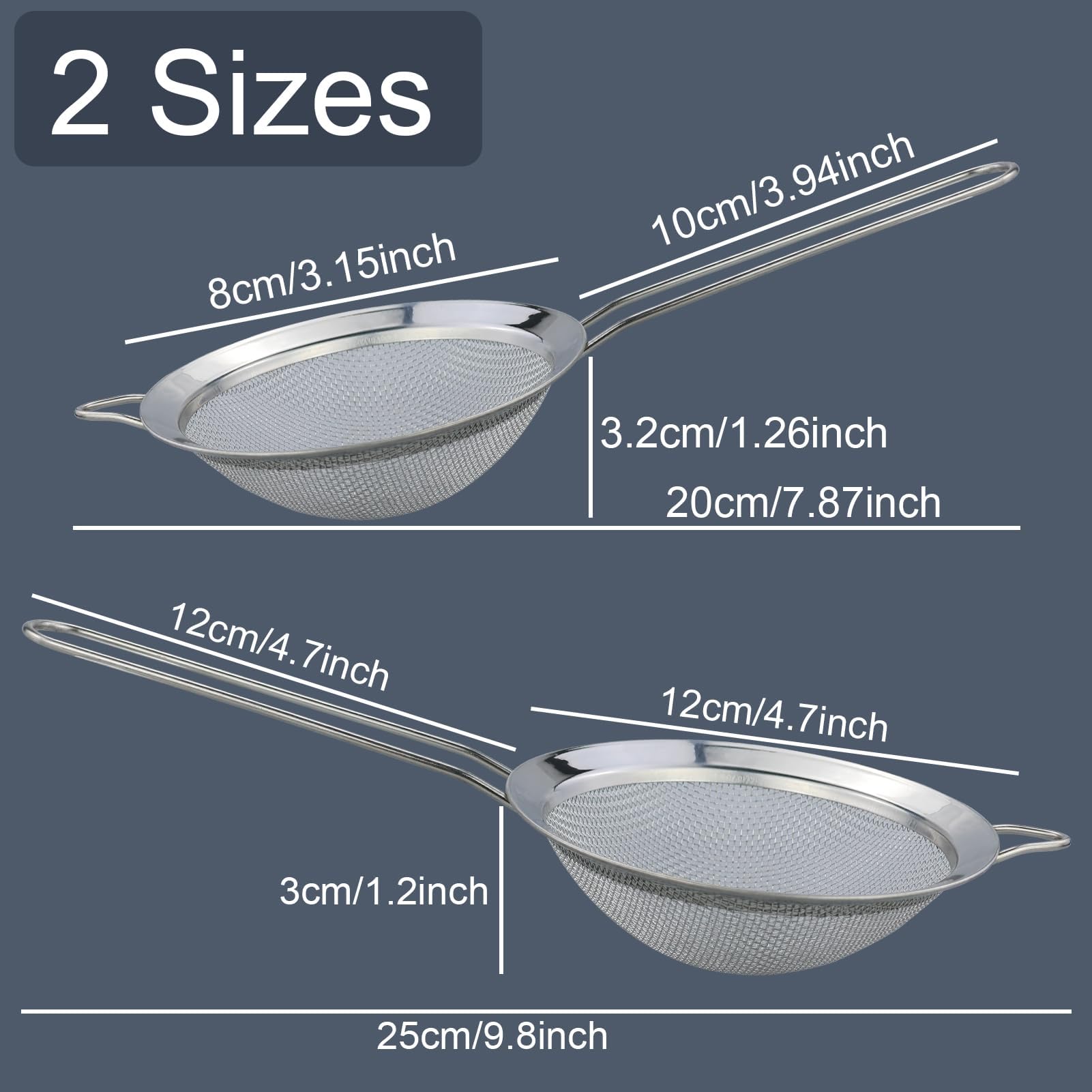 Paquete de 2 coladores pequeños de malla fina de acero inoxidable con ganchos de cocina, 12 cm/8 cm de diámetro, colador de té de malla fina con asa, ideal para jugo, huevo, té, café, filtro de harina