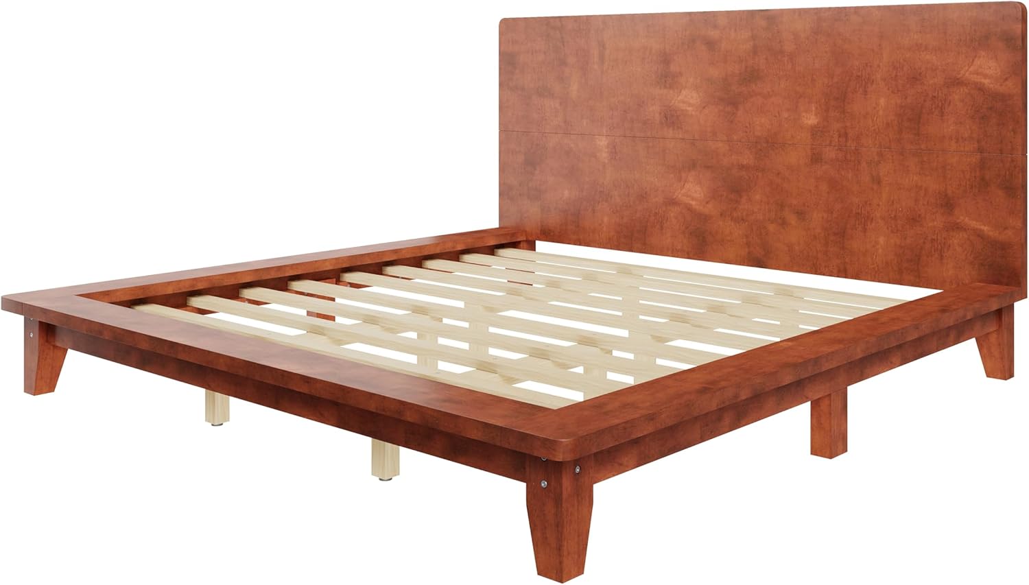 Harper & Bright Designs King Size Solid Wood Platform Bed Frame with Headboard, Mid-Century Modern Low Profile Bed with Wood Legs, No Box Spring Needed, Brown
