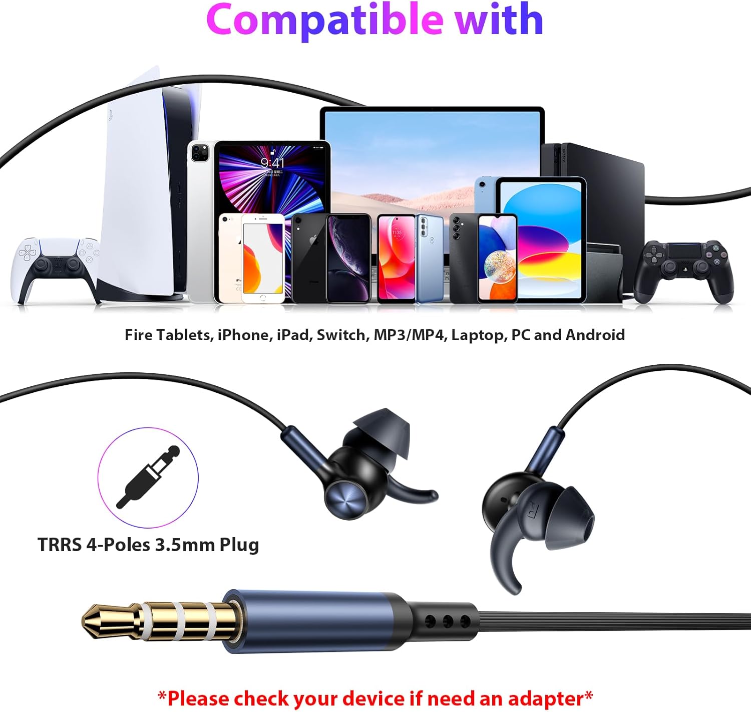 APETOO USB-C Wired Earbuds + in-Ear Headphones with 3.5mm Plug Black-Blue for Home/Office/School/Women/Men/Small Ear/Kids - Hands-Free Call, Pure Stereo Deep Bass, Noise Canceling Corded Earphones