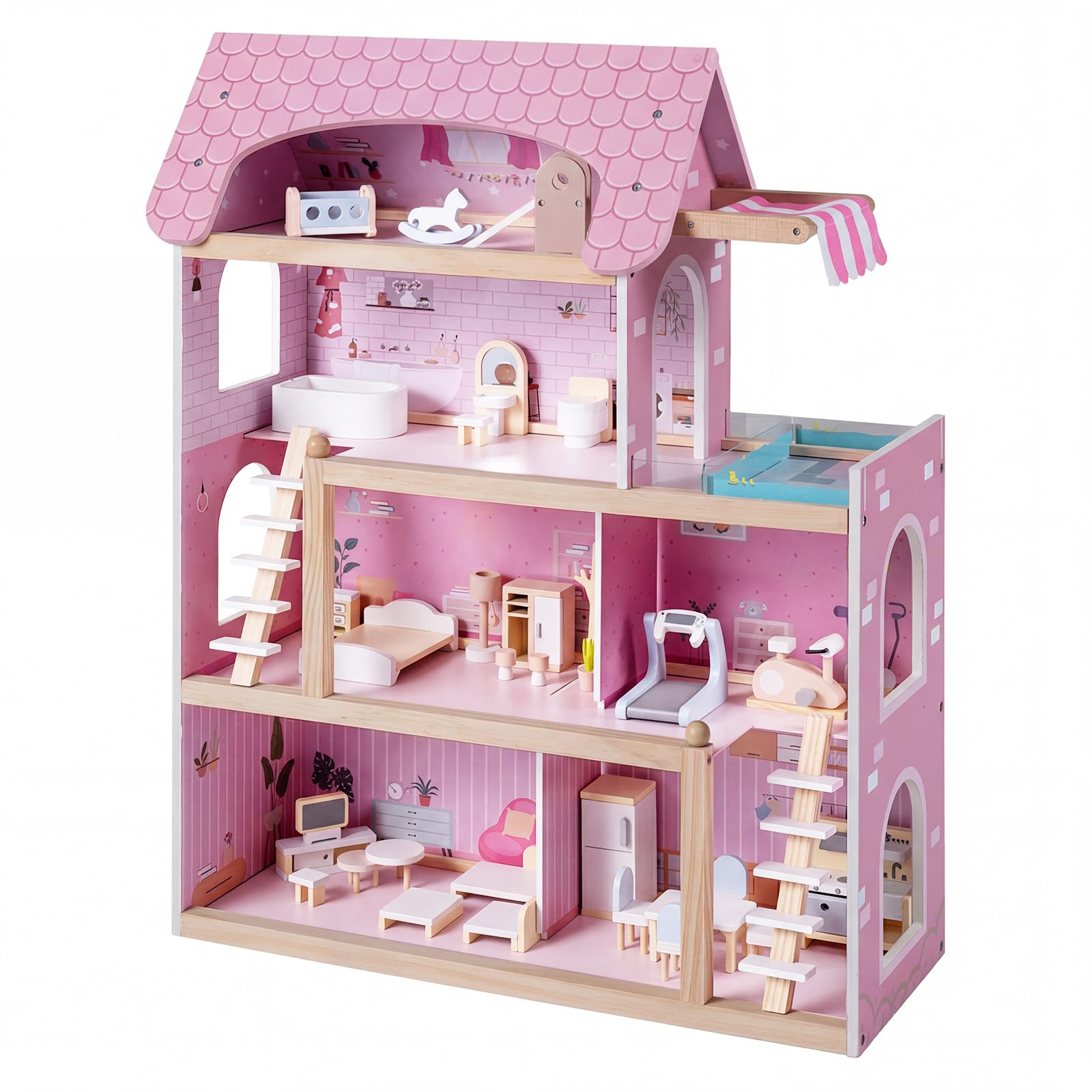 RELAX4LIFE Casa de Muñecas Madera de 4 Pisos con 33 Accesorios, 6 Habitaciones, Terraza, Piscina y 2 Escaleras, Casita de Muñecas de MDF y Madera Pino para Niños 3+ Años, 62x25x78cm (Rosa)