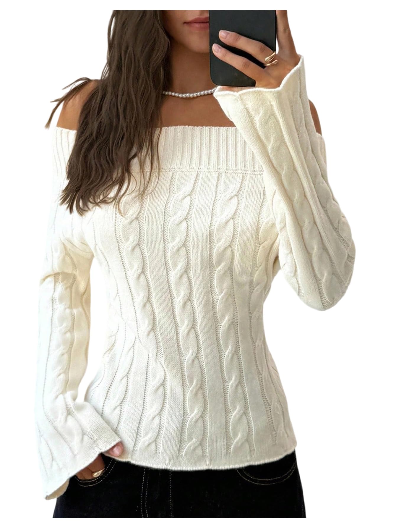 MakeMeChic Womens Cable Knit Sweater Off The Shoulder Bell Sleeve Pullovers Top