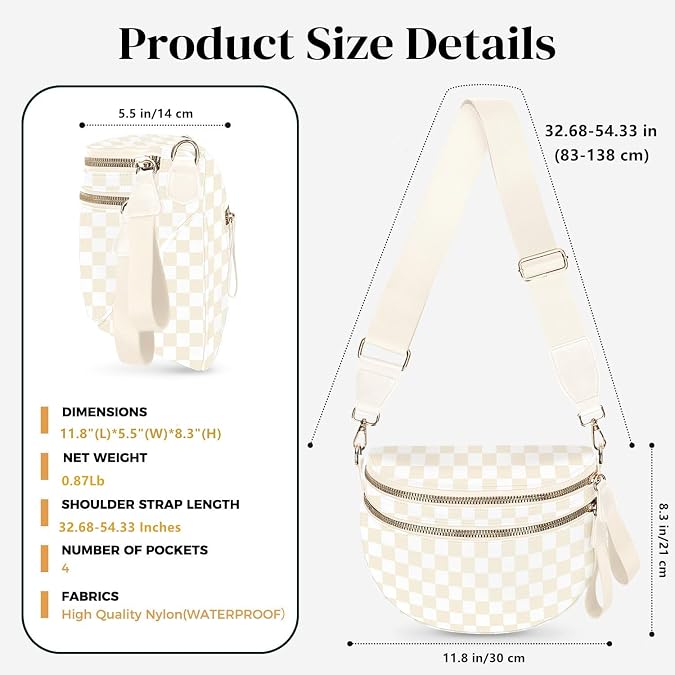 Checkered Crossbody Bags for Women Spacious Nylon Sling Bum Bag, Adjustable Fanny Pack Purse for Travel