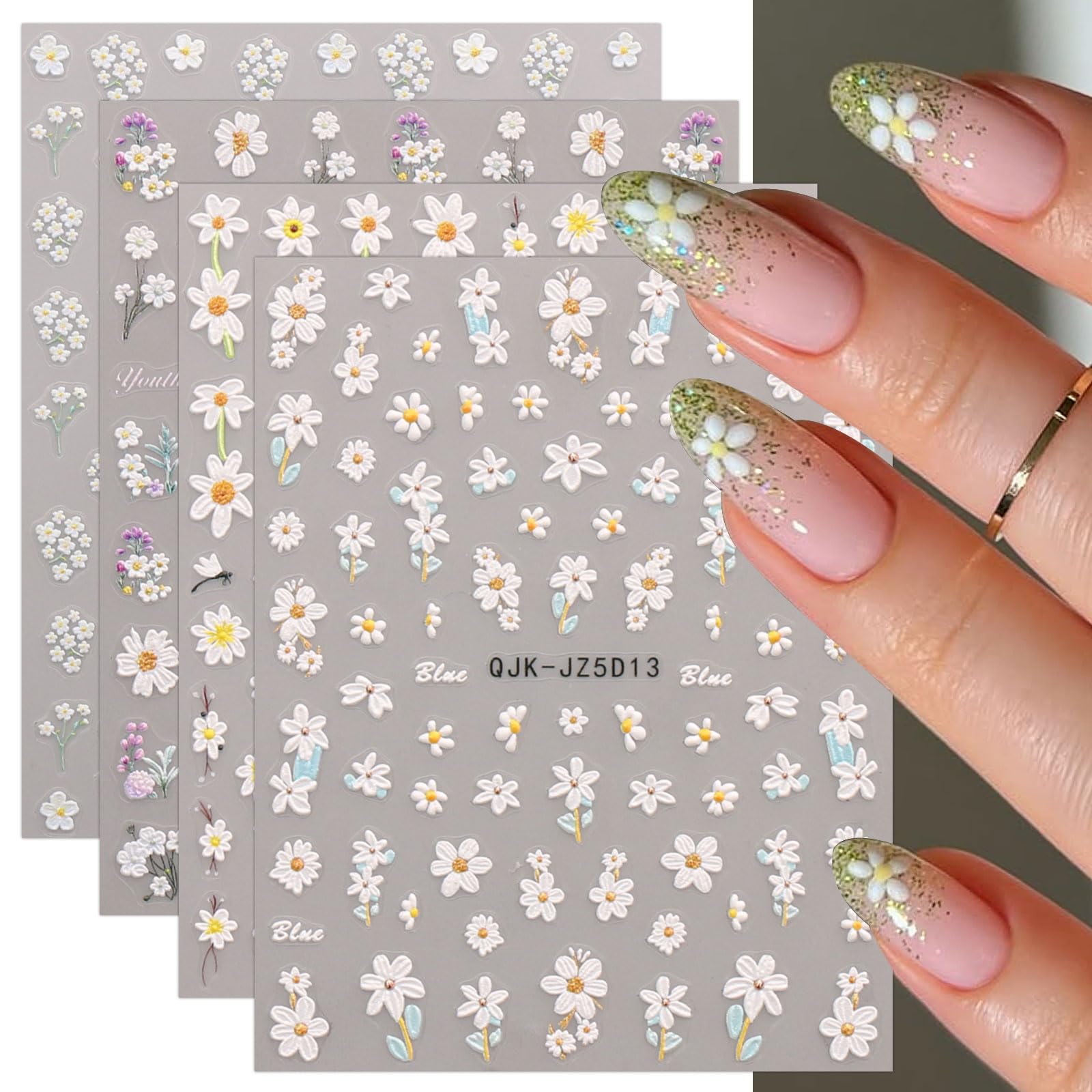 3D-Nagelsticker Blumen-Design – 4 Blätter Selbstklebend Für DIY-Nageldesign