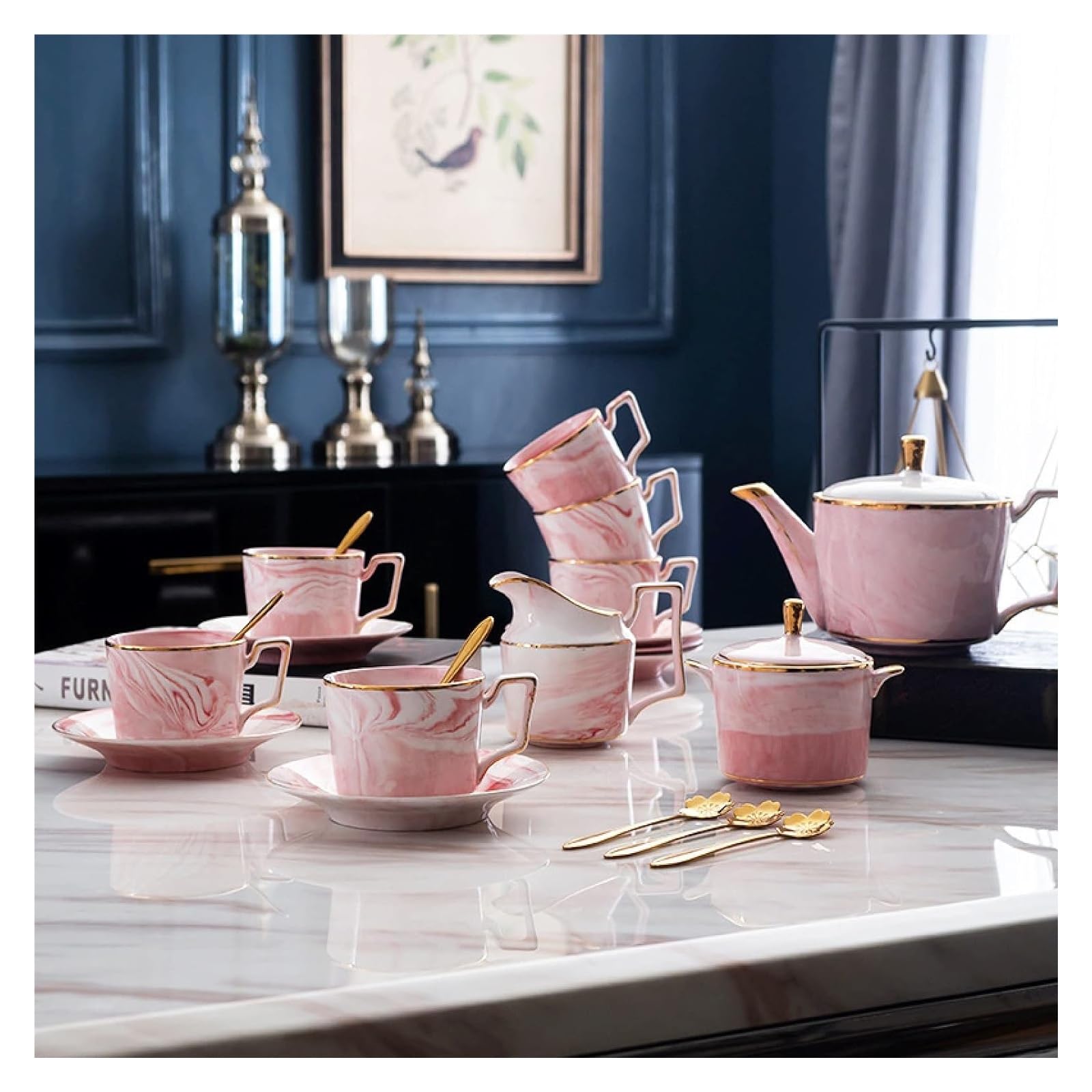 zestaw do herbaty, 21 szt. Porcelanowe zestawy do herbaty dla dorosłych marmurowy wzór zestaw zakrętek i spodków kawy serwis herbaciany z cukiernicą, dzbankiem na mleko, łyżkami(Pink)