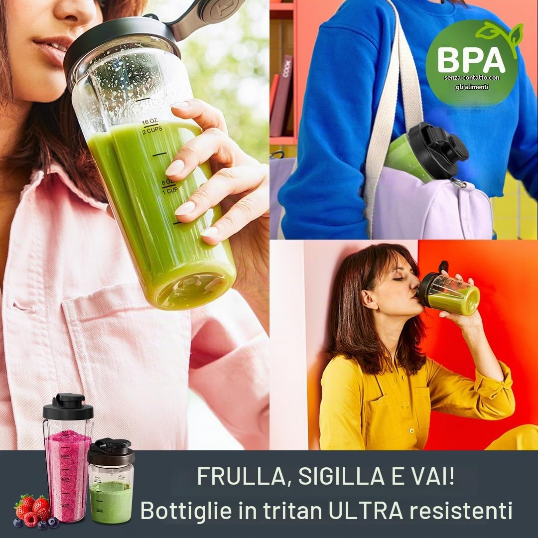 Tefal Blend Up Potente mini frullatore, modalità silenziosa, 1000 W, 8 preset automatici, programma di pulizia automatica, bottiglie On the Go BL19H4G0, blu boreale