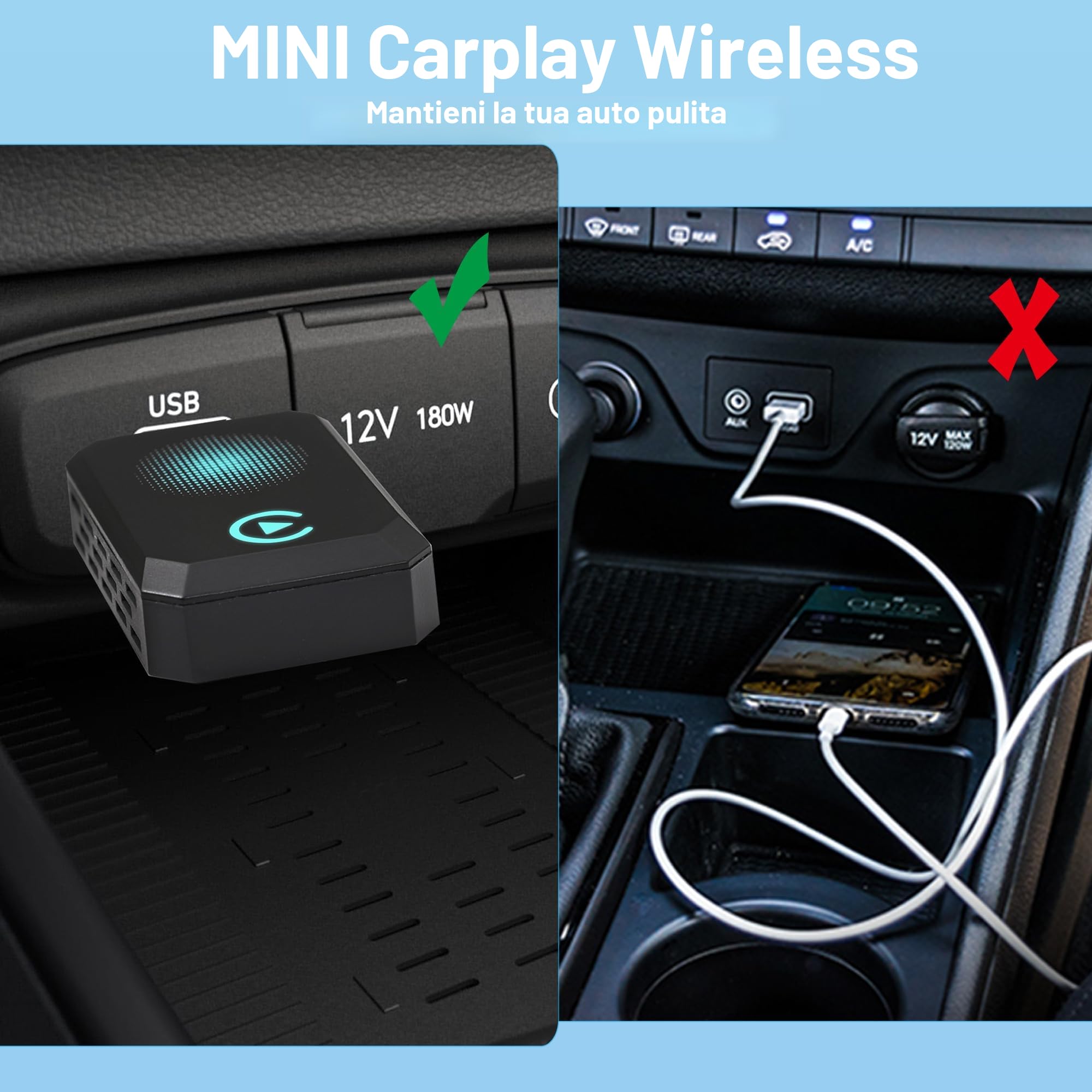 Adattatore CarPlay Wireless, Compatibile con A-pple CarPlay, Plug and Play, Type-C/USB, Adatto A Oltre 800 Veicoli (blu)