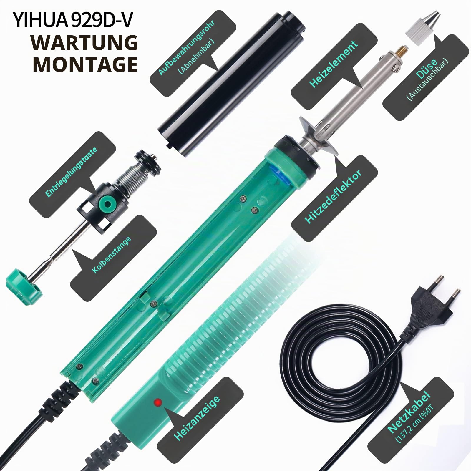 YIHUA 929D-V Elektrisches Vakuum Entlötkolben Lötkolben Sauger Entlötpumpe mit kürzerem Ladegriff und Entlötdüsen 1.0mm 1.2mm 2.0mm für Durchstecklötungen (EU PLUG)