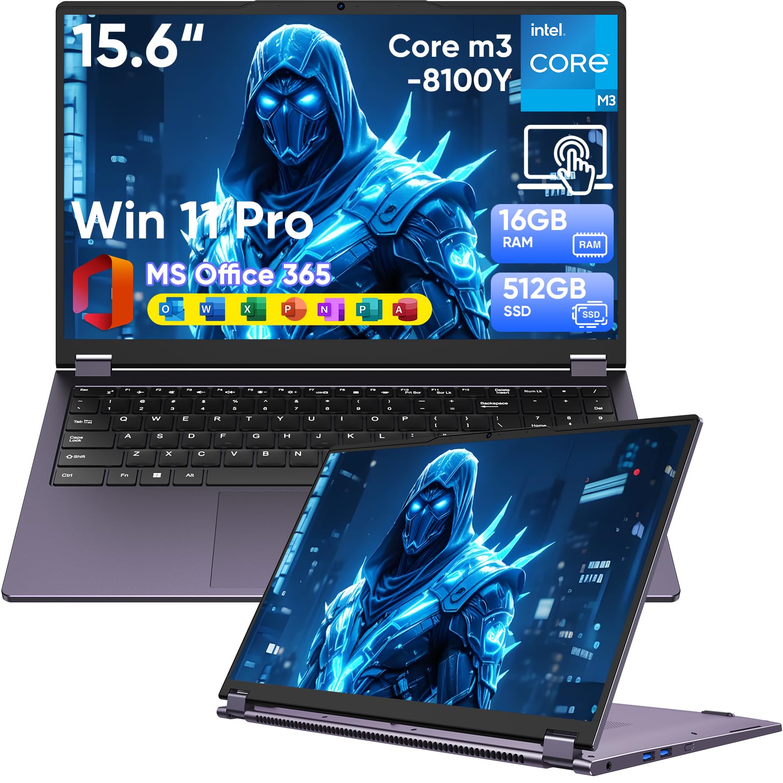 PC Portable 2-en-1 15,6" Tactile Yuga - Win 11 Pro 16 Go RAM 512 Go SSD m3-8100Y (3,40 GHz) Office 365 Ultra-Fin avec Clavier Rétroéclairé, Wi-FI 5, Bluetooth 5.1, Port RJ45