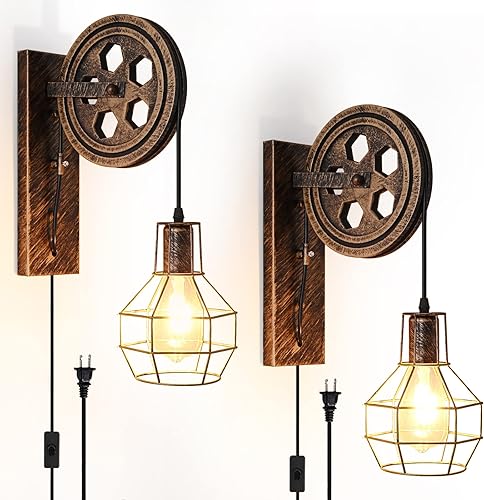 Aplique de pared industrial retro, paquete de 2 lámparas de pared vintage de latón antiguo, lámpara industrial retro lámpara de pared de metal para