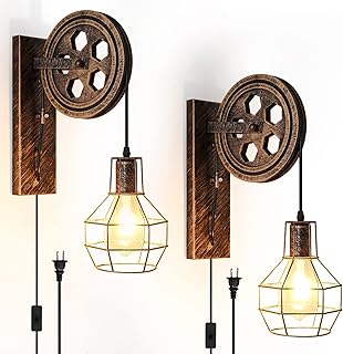 Retro Industrial Wall Sconce, 2Pack Antique Brass Vintage Plug in Wall Lighting, Industrial Lantern Retro Lamp Metal Wall Light Fixtures for Bedside Bedroom Home Dining Room
