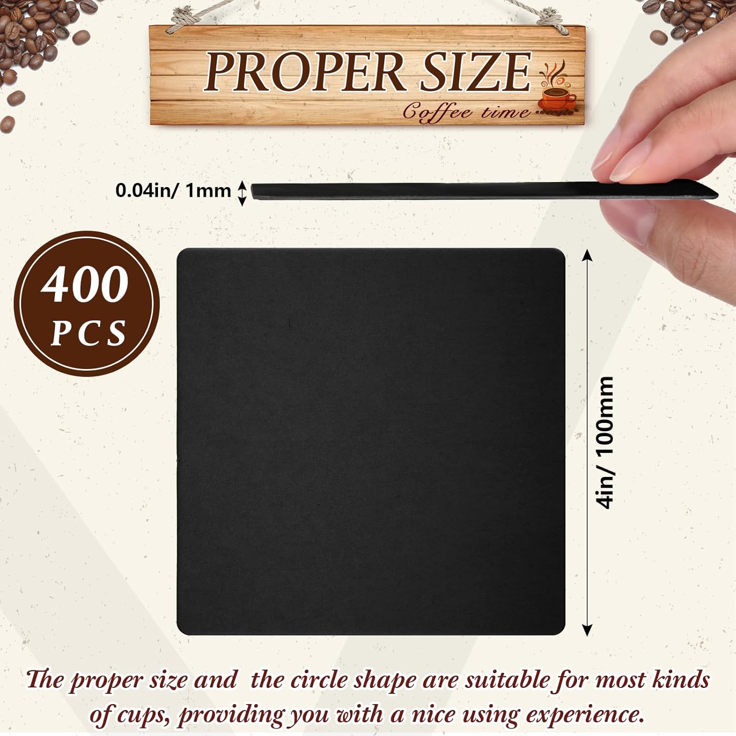 TaoBary 400 Pcs Disposable Paper Bar Coasters Bulk, 4 Inch Cardboard Coasters Square Blank for Drinks DIY Crafts Wedding (Black)