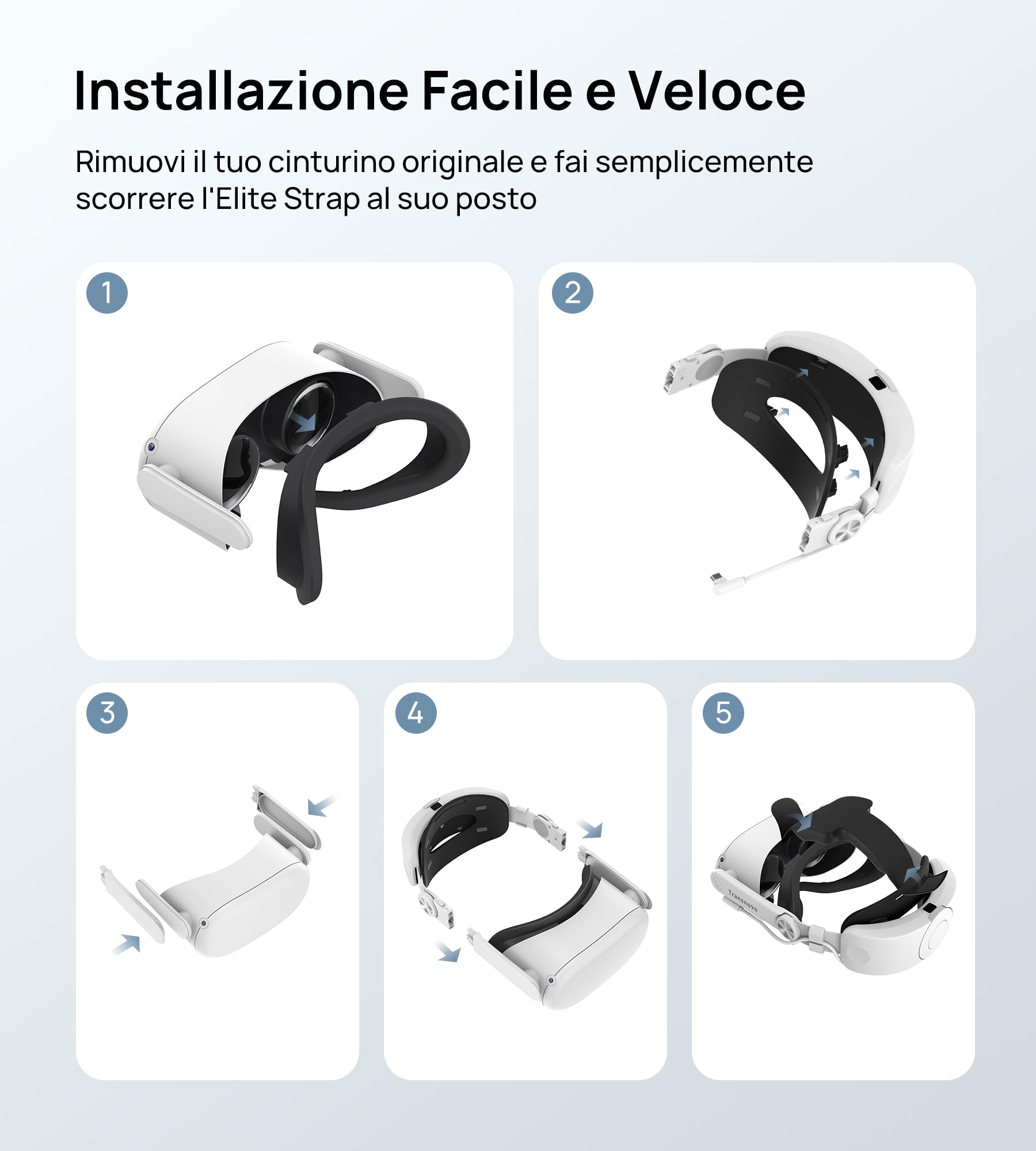 TRANSNOVO Cinturino Elite con Batteria da 6000mAh Compatibile con Oculus Quest 2/Quest 3/Quest 3S, Cinturino Retrattile a Un Solo Pulsante, Comfort Migliorato e Durata di Gioco Prolungata