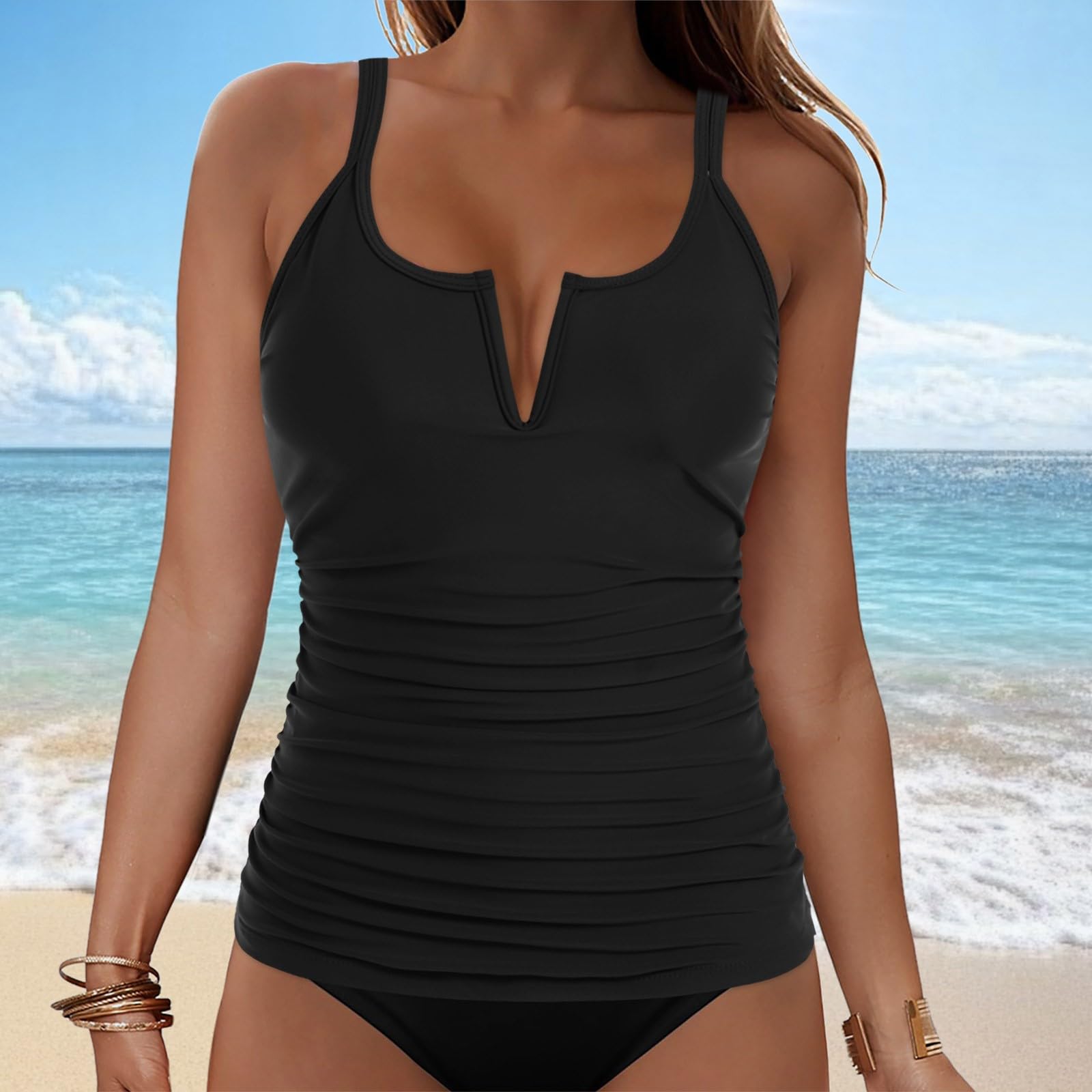 Haut de Tankini Armatures pour Femme Haut de Maillot Bain col en V Soutien Abdominal Configuration en Forme soutien gorge intégré Maillot Bain Push up Sexy avec Rembourrage et Bretelles Réglables