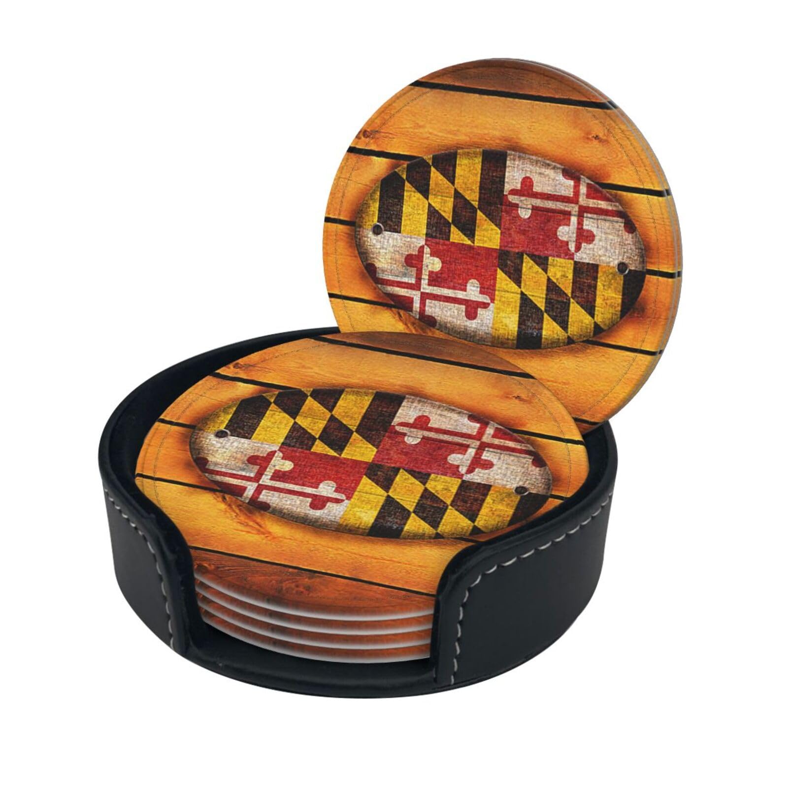 maryland flag Drink Coasters Set of 6 with Holder Decorative Round Cup Coasters for Coffee Table Kitchen Office Bar