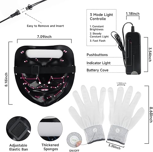 Miniatura 6 de OWill Halloween Light Up Mask,LED Purge Mask with Gloves,Scary Cool Teen Halloween Costumes Mask for Women Kids Boys