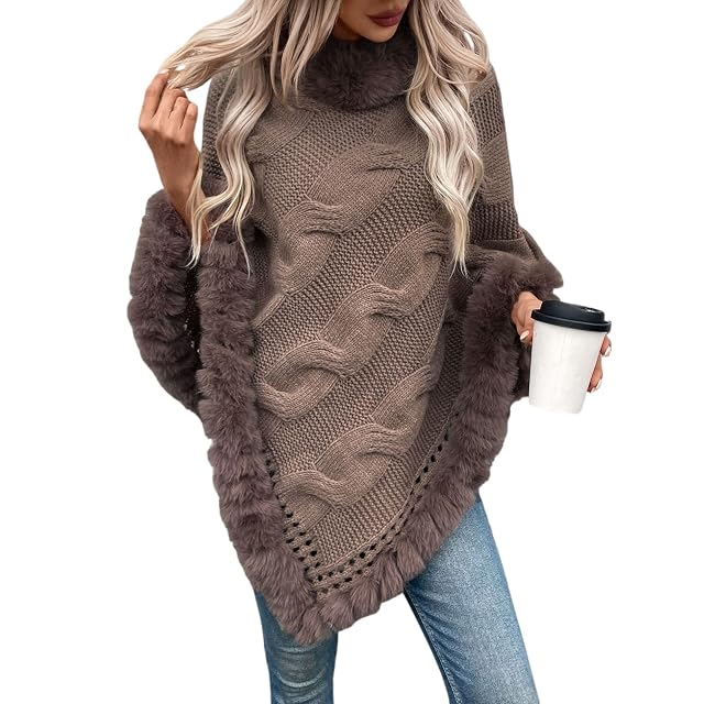 Womens Fuzzy Hem Cable Knit Poncho Fall Winter Casual Solid Turtleneck Chunky Knit Pullover Sweater Cape with Faux