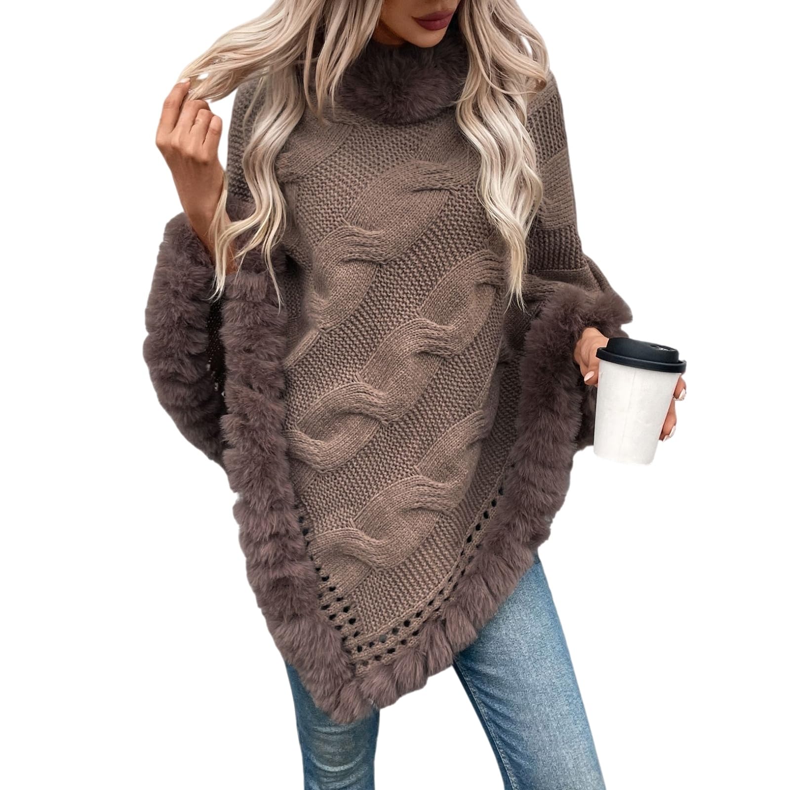Womens Fuzzy Hem Cable Knit Poncho Fall Winter Casual Solid Turtleneck Chunky Knit Pullover Sweater Cape with Faux