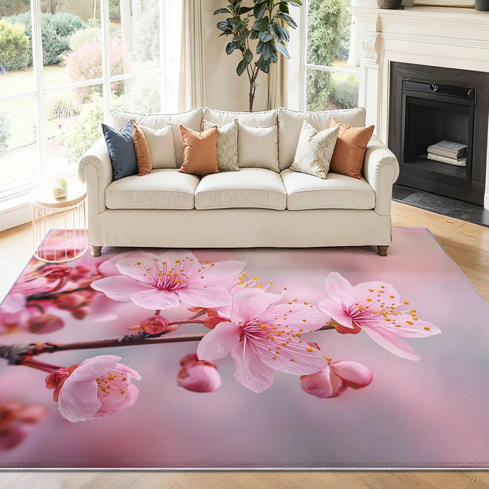 Dywan można prać w pralce, przy wejściu, 160 x 230 cm, akwarelowy styl, gałęzie sakury, dywan antypoślizgowy, różowy biały niski runo, nie gubi włosia, do dekoracji herbaciarni Zen Serenity, wiosenny