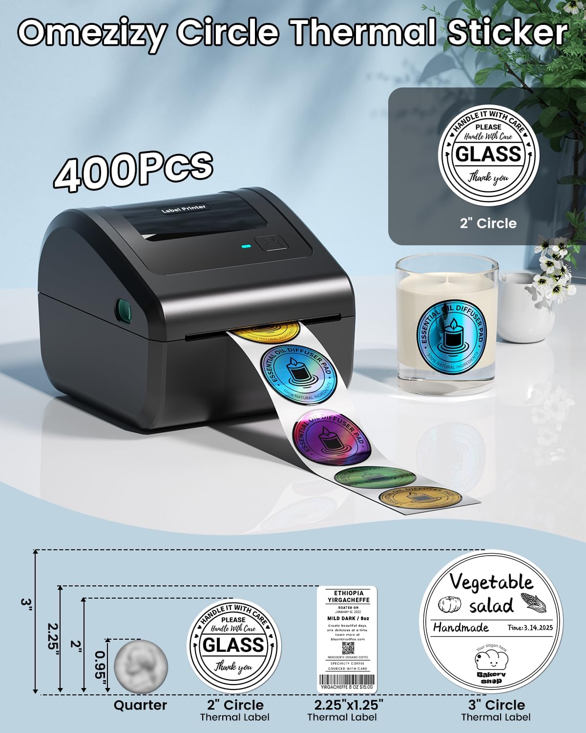 4 Color Circle Holographic Thermal Labels, Self-Adhesive Waterproof Direct Thermal Stickers for DIY Logo, QR Code, Compatible with MUNBYN, JADENS, NeIko, 400 PCS/Roll