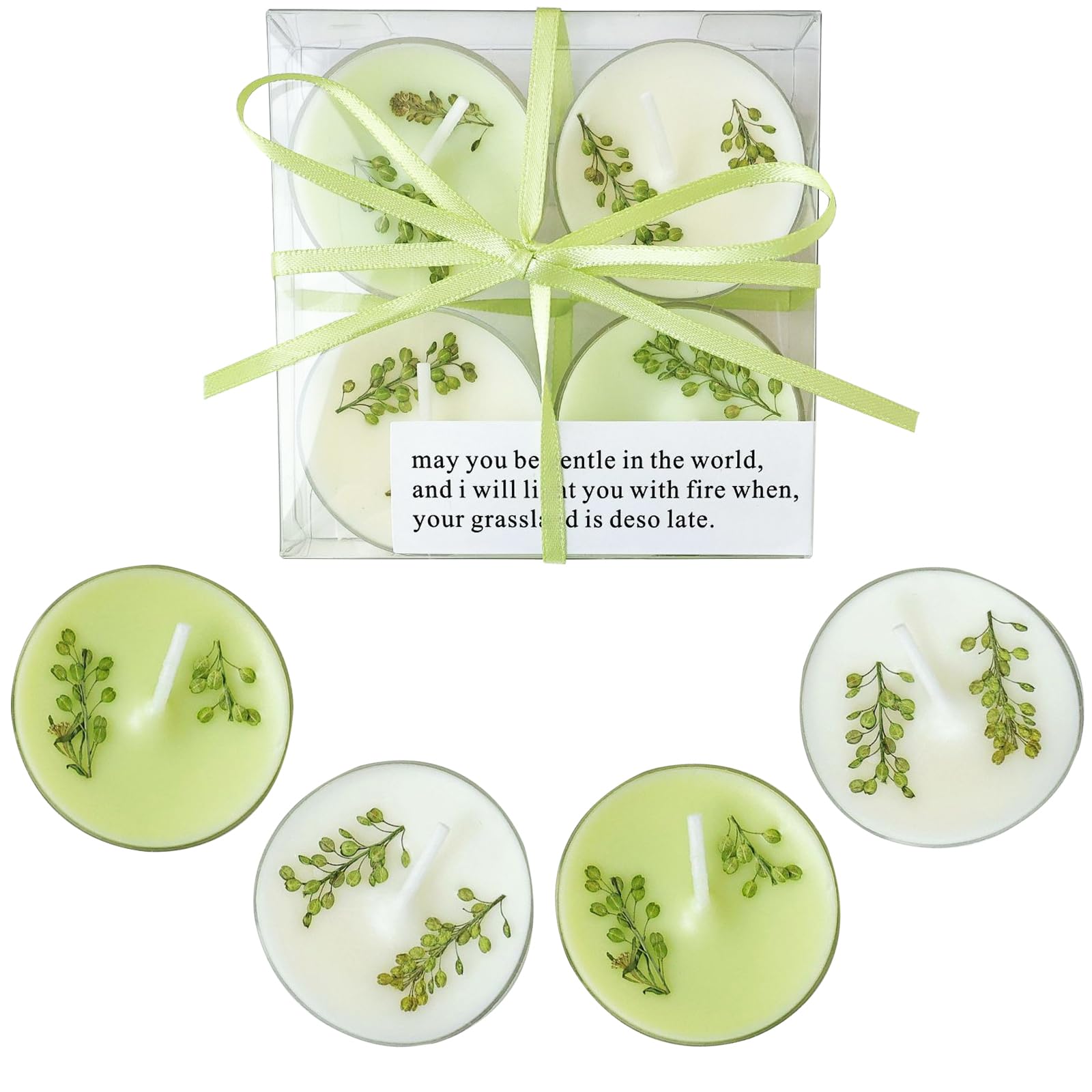 English Pear & Freesia Scented Tea Lights, 4-Pack White & Green Beeswax Soy Wax Tealight Candles with Dried Flower Decoration, Long-Lasting, Ideal for