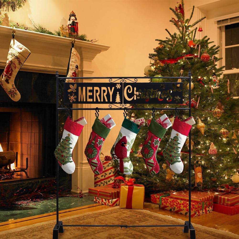 YEAHOME Christmas Stocking Holder Stand, Merry Christmas Metal Stocking Haner with Openwork Snowflake, Freestanding Stocking Stand with 5 Non-Slip Hooks for Home Indoor Living Room Fireplace, Bronze