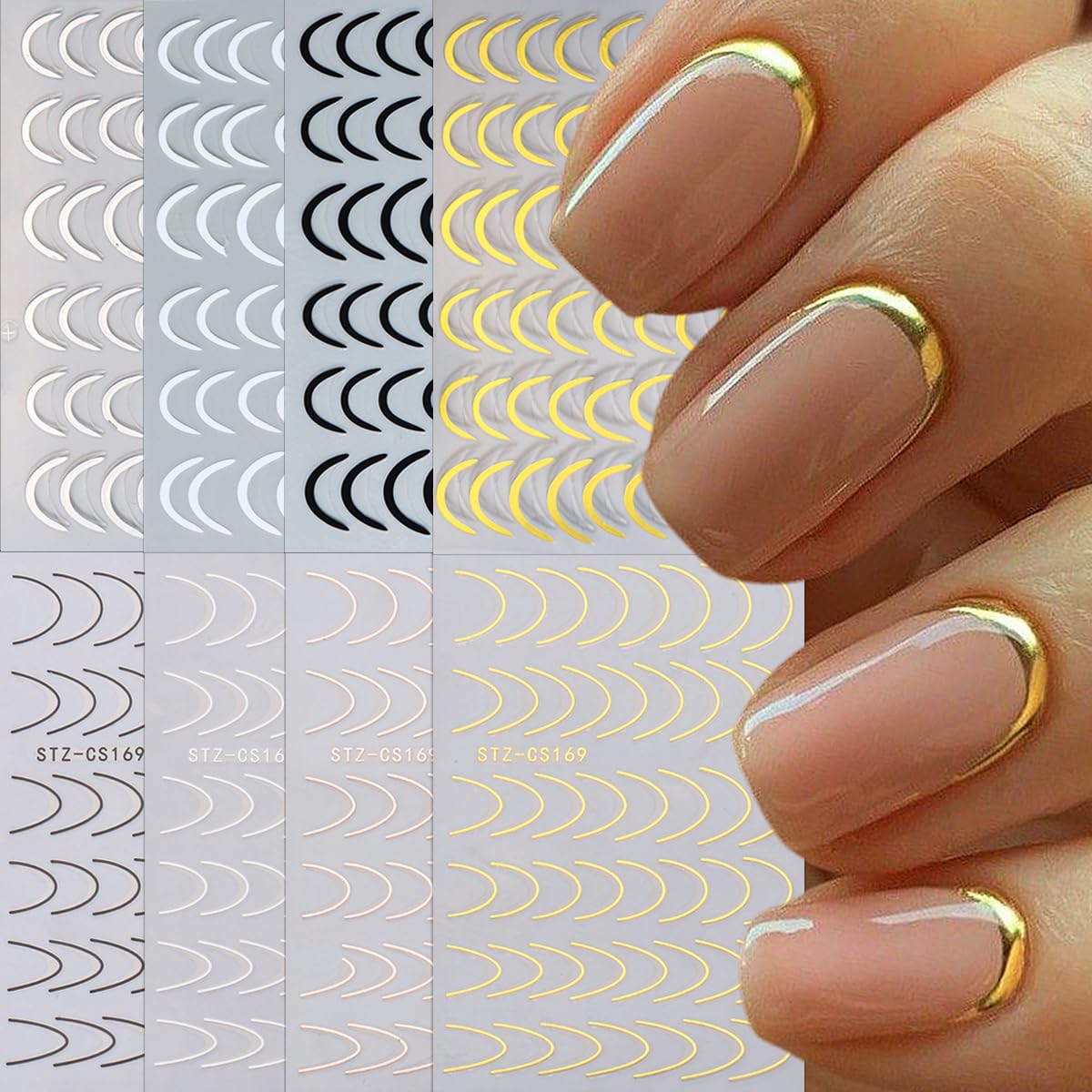 8 Pieces French Tip Line Nail Art Stickers 3D Simple Lines Nail Stickers Black White Gold Silver Metal Stripes Adhesive Decals Curved Gel Nail Art