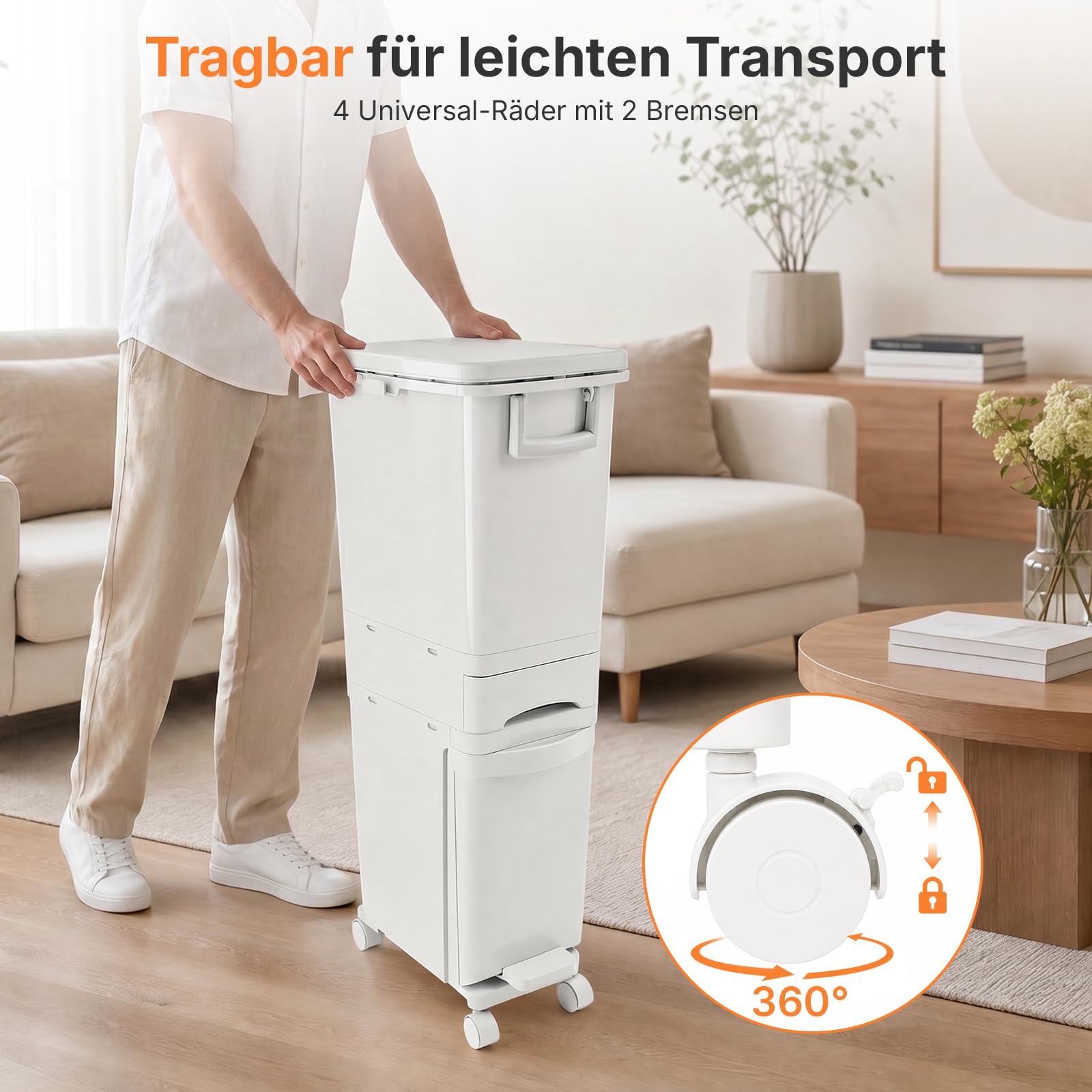 32 L Mülleimer Küche 3 Fächer, Abfalleimer mit Deckel & Pedal, Mülleimer auf Rädern, Mülltrennsystem mit Kippbehälter, Deckel, Schublade, Küchenabfalleimer für Küche & Wohnzimmer, Weiß