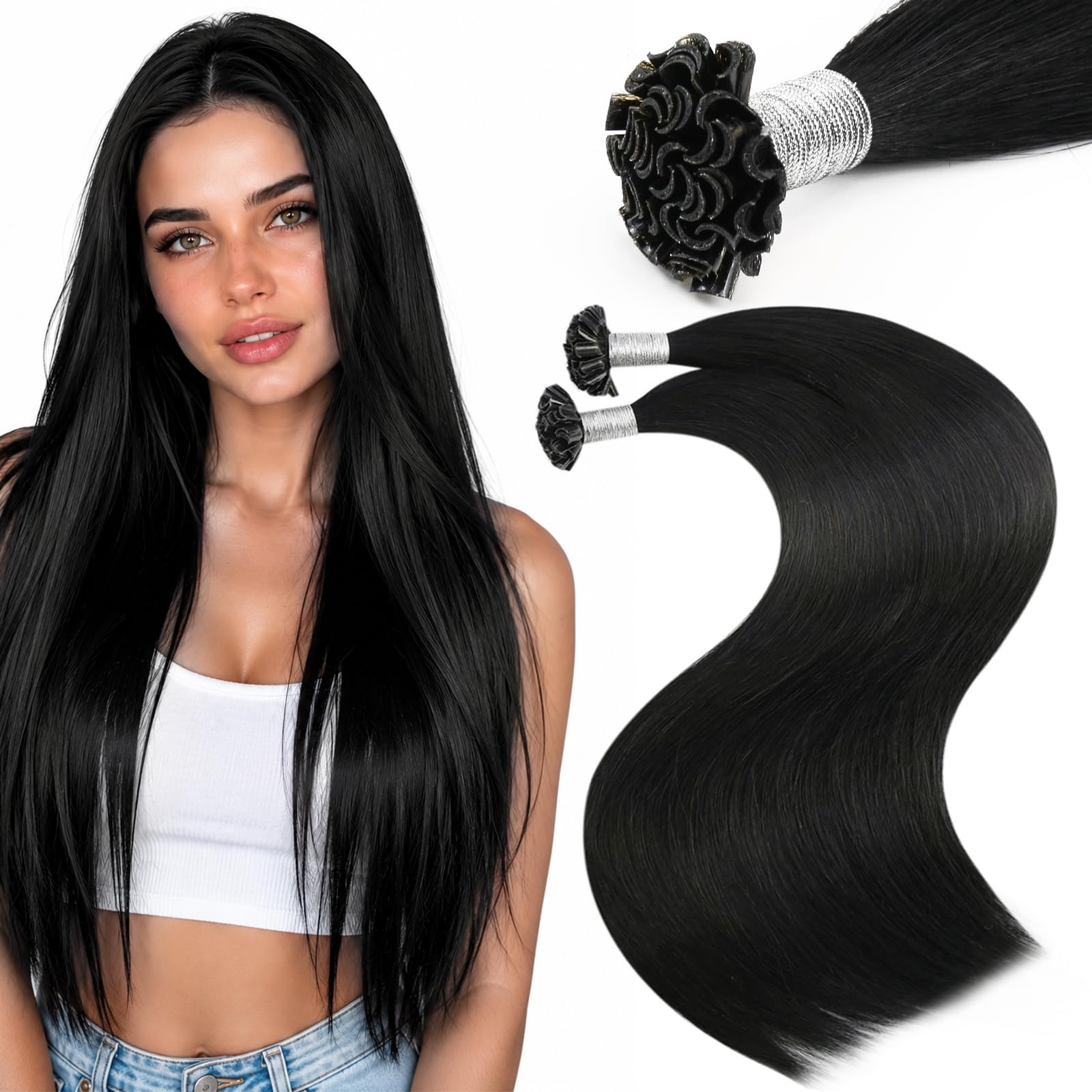 Moresoo U Tip Hair Extensions Human Hair, Natural Black, 14 Inch U-# 1B Natural Black 14 Inch